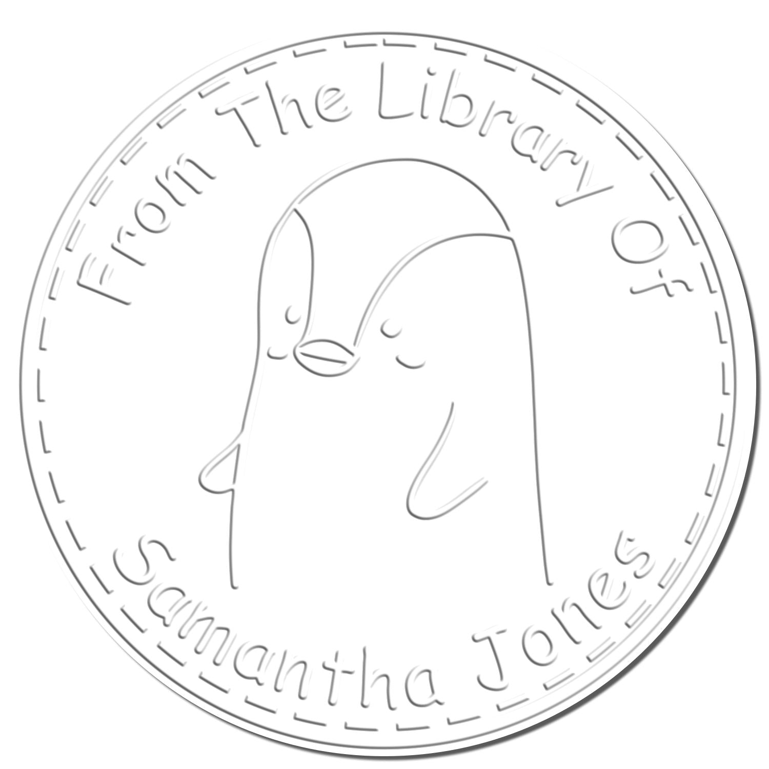 Cartoon animal design on a customizable mailing stamp with the text "From The Library Of Samantha Jones." Features a PebbleWobble character and a personalized embosser, ideal for marking books as belonging to a specific library.