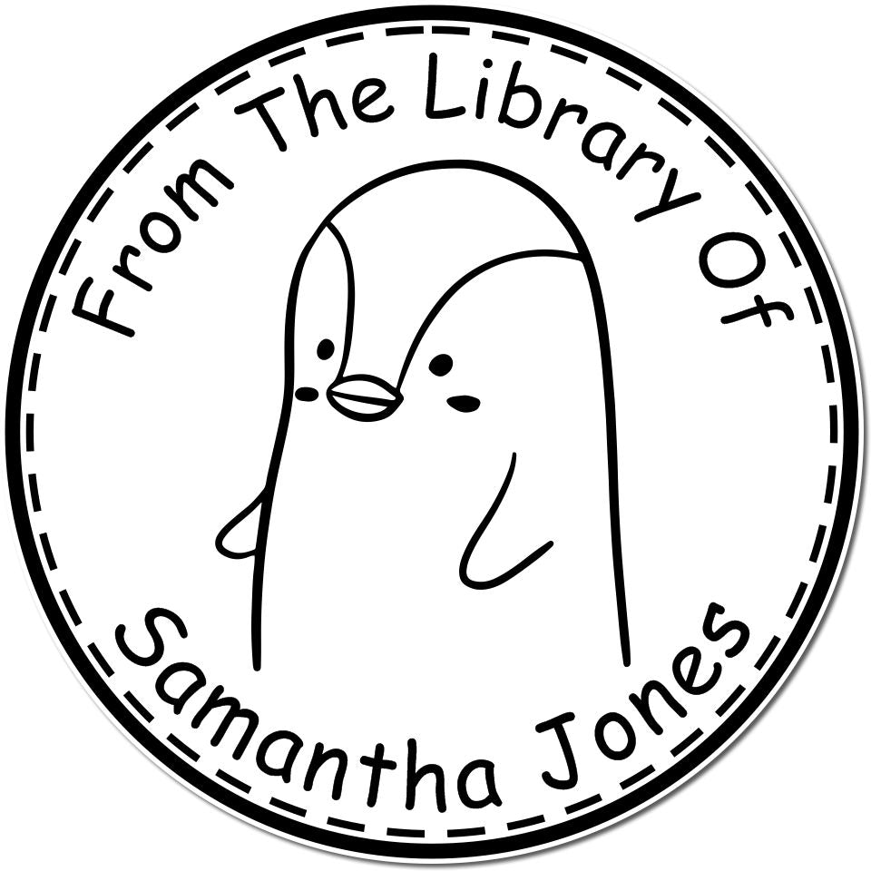 Round Slim Pre-Inked PebbleWobble Cartoon Animal Custom From The Bookshelf Of Stamp featuring a cute penguin illustration. Text reads 'From The Library Of Samantha Jones.' Ideal for a custom return mail stamp.