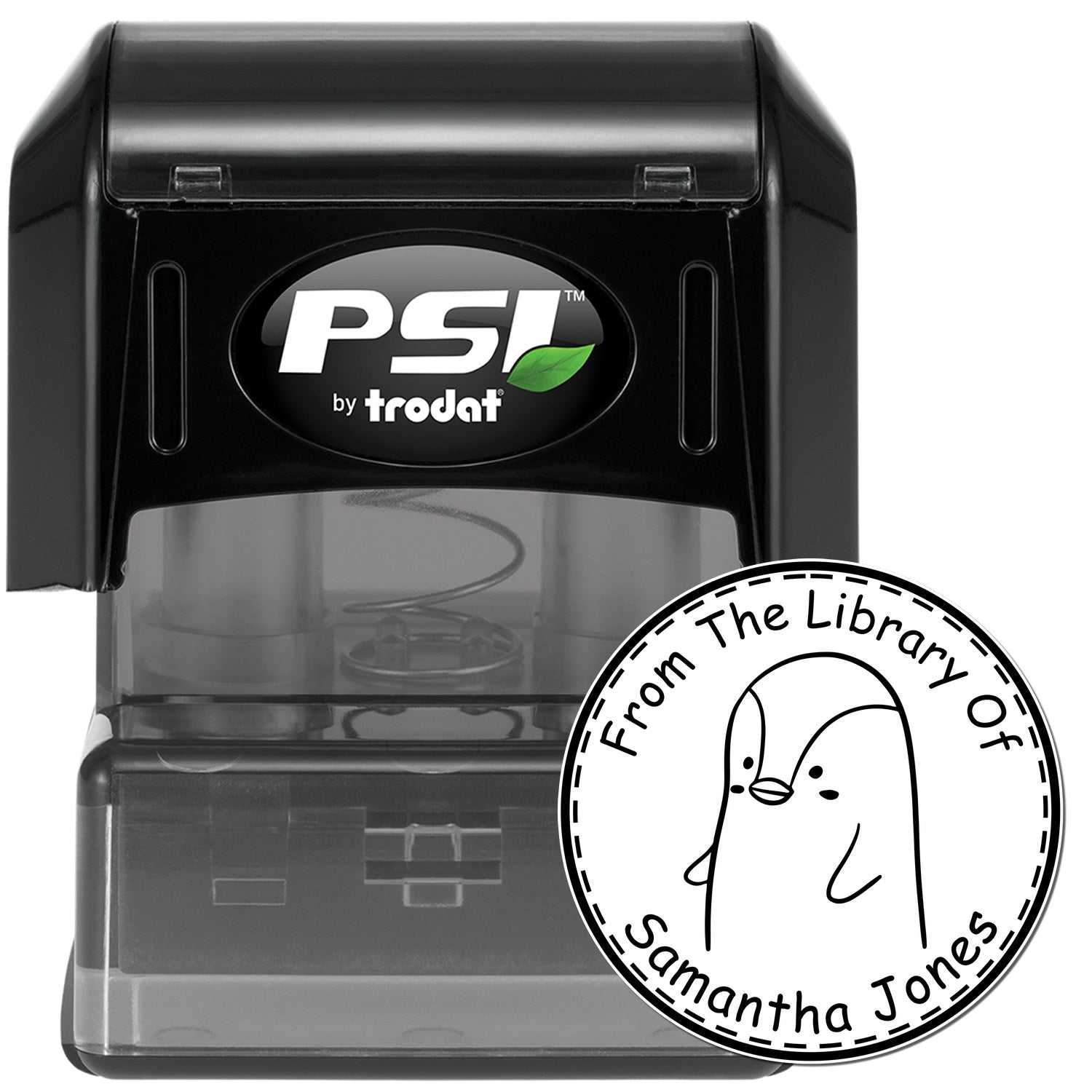 Image of a PebbleWobble cartoon animal pre-inked customizable stamp. The stamp features a penguin with text "From The Library Of" and "Samantha Jones." It's a personalized return mail stamp, ideal for adding a unique touch to correspondence.