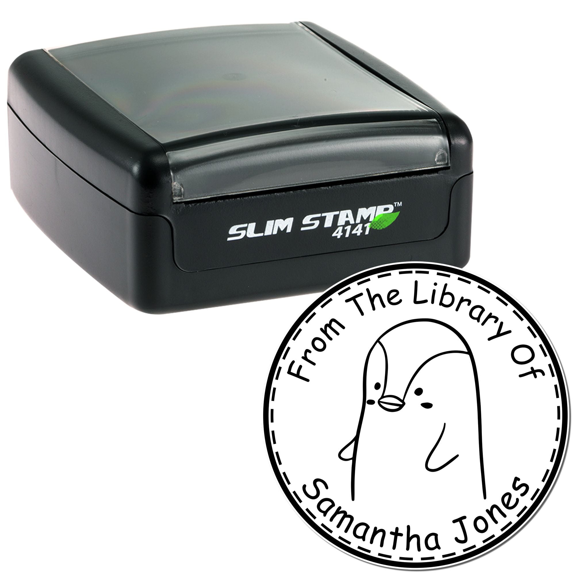 Black Slim Pre-Inked PebbleWobble Cartoon Animal Custom From The Bookshelf Of Stamp featuring a penguin design. Includes Custom New Address Stamper text, "From The Library Of Samantha Jones."
