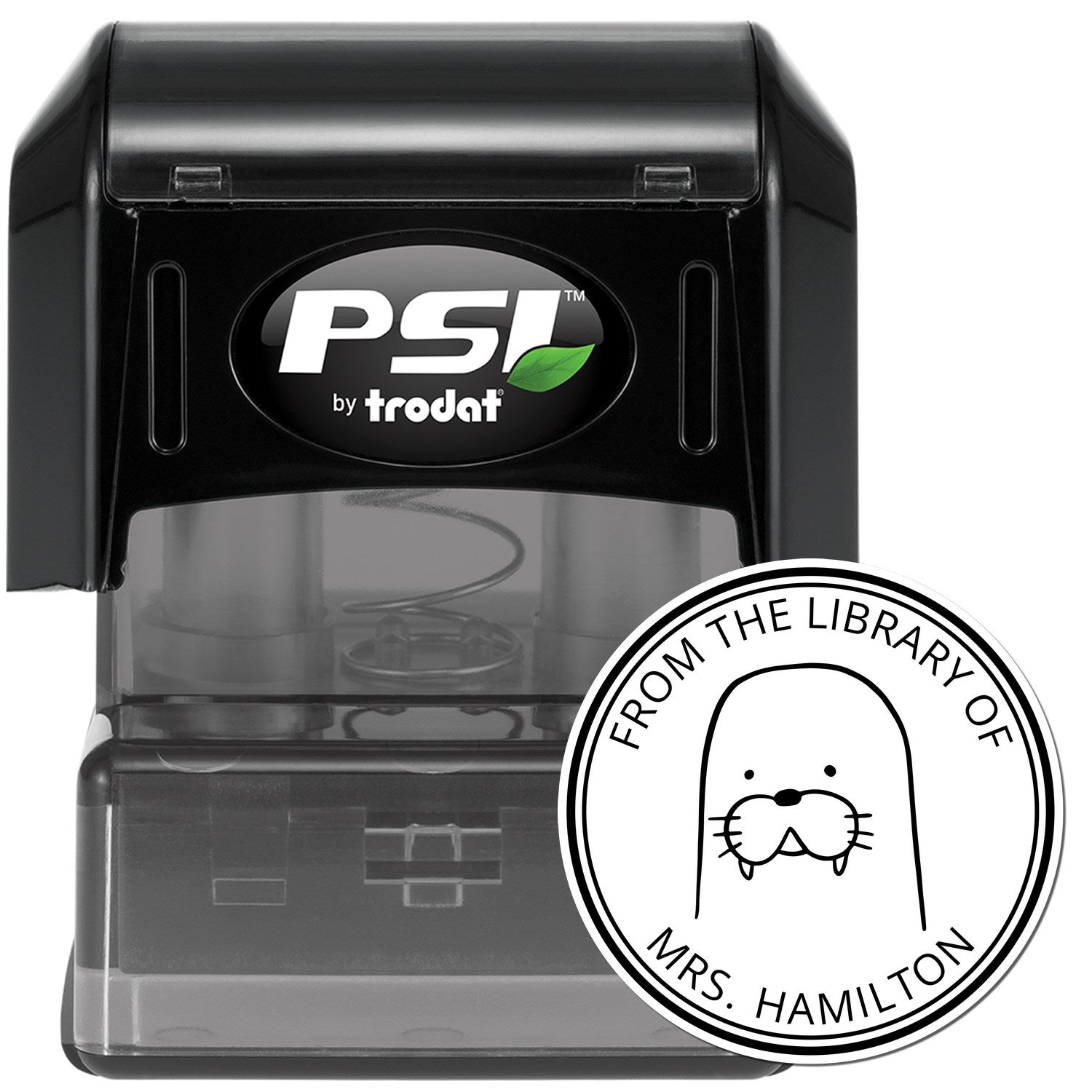 Image of a black pre-inked stamp featuring a BumbleBristle cartoon animal design with customizable "Ex Libris" text. The stamp is labeled "PSI by Trodat" and can also be used as a custom new address stamp.