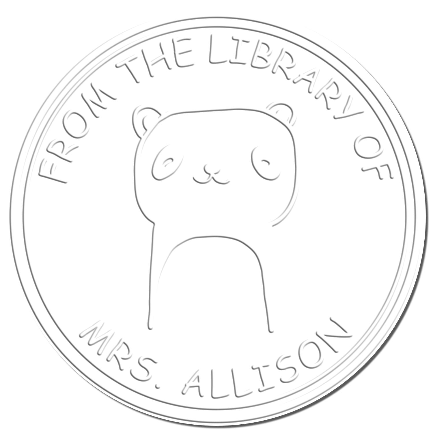 TumbleTuft cartoon animal embossing seal with text "From the Library of Mrs. Allison." Features a custom-made return mail stamper design, personalized with a cute animal illustration.