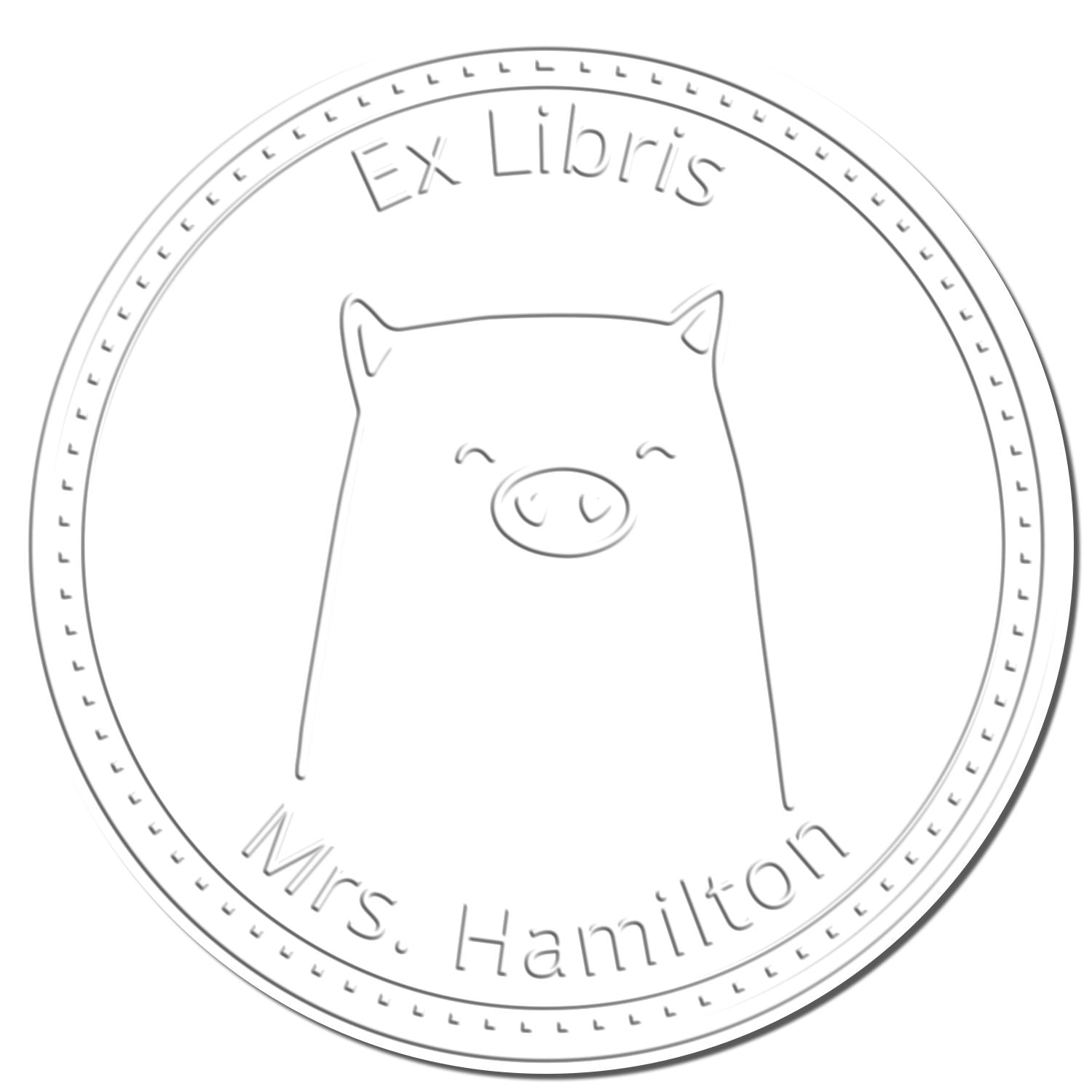 A circular embosser imprint featuring a WaddleWisk cartoon animal with a smiling face. The text reads Ex Libris at the top and Mrs. Hamilton at the bottom. Keywords: WaddleWisk Cartoon Animal Handheld Personalized From The Office Of Embosser, Customized Return Mail Stamp.