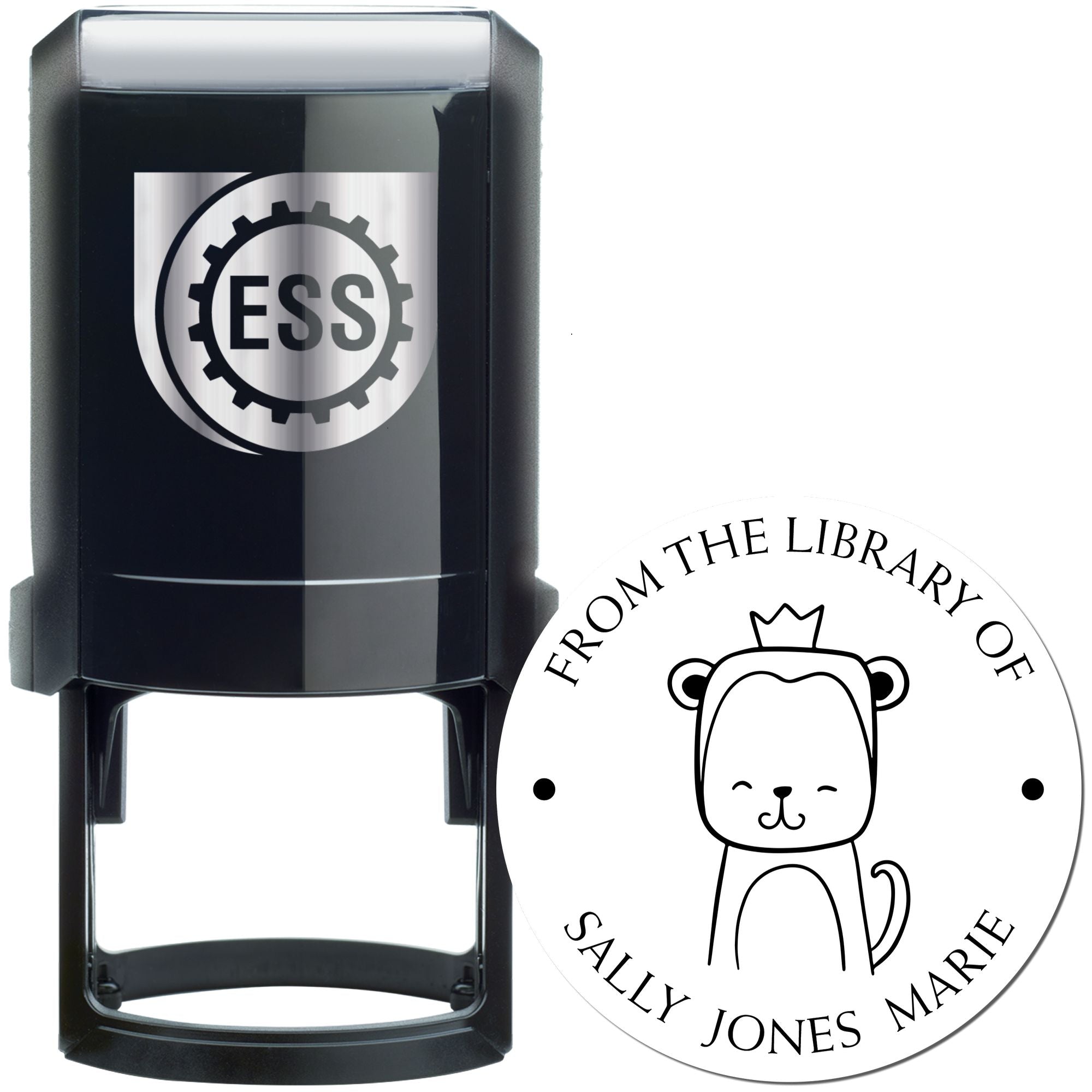 Image of a black self-inking stamp featuring a ScribbleScrabble cartoon animal design. The stamp is custom-made with the text "From the Library of Sally Jones Marie." Keywords: Customizable Address Stamp, Read It Love It Stamp.