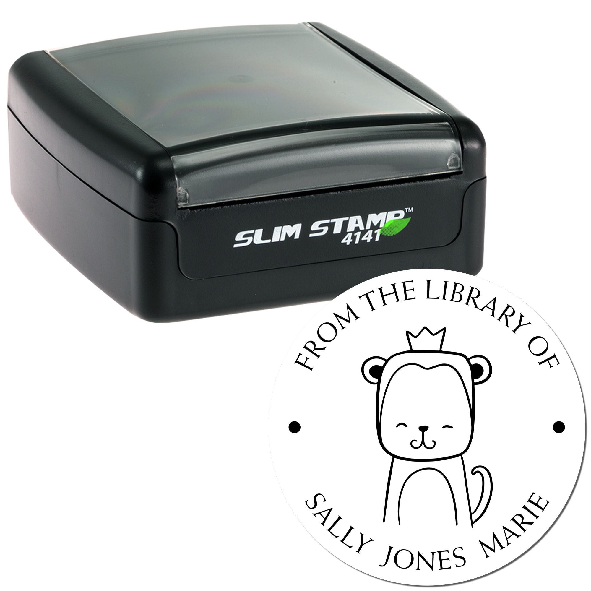 A Slim Pre-Inked ScribbleScrabble Cartoon Animal Custom Library Stamp featuring a cute animal design and the text "From the Library of Sally Jones Marie." Next to it is a Customized Address Stamper with a sleek black casing.