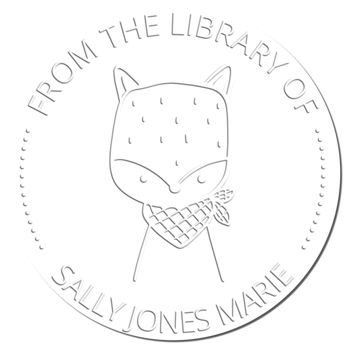 SnickerSnack cartoon animal design on a personalizable ex libris library embossing seal, featuring a fox with a scarf. The custom mailing stamp is ideal for desk use, adding a unique touch to personal library collections.