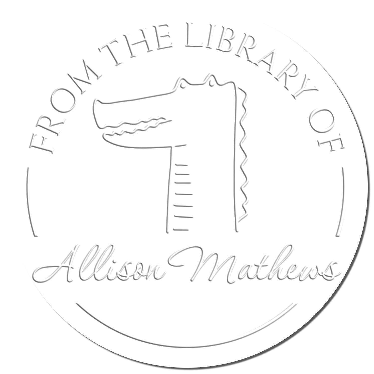 NoodleNose cartoon animal design on a personalized home library embosser. The circular stamp features the text "From the Library of Allison Mathews" with an address stamp style, showcasing a unique and playful touch.