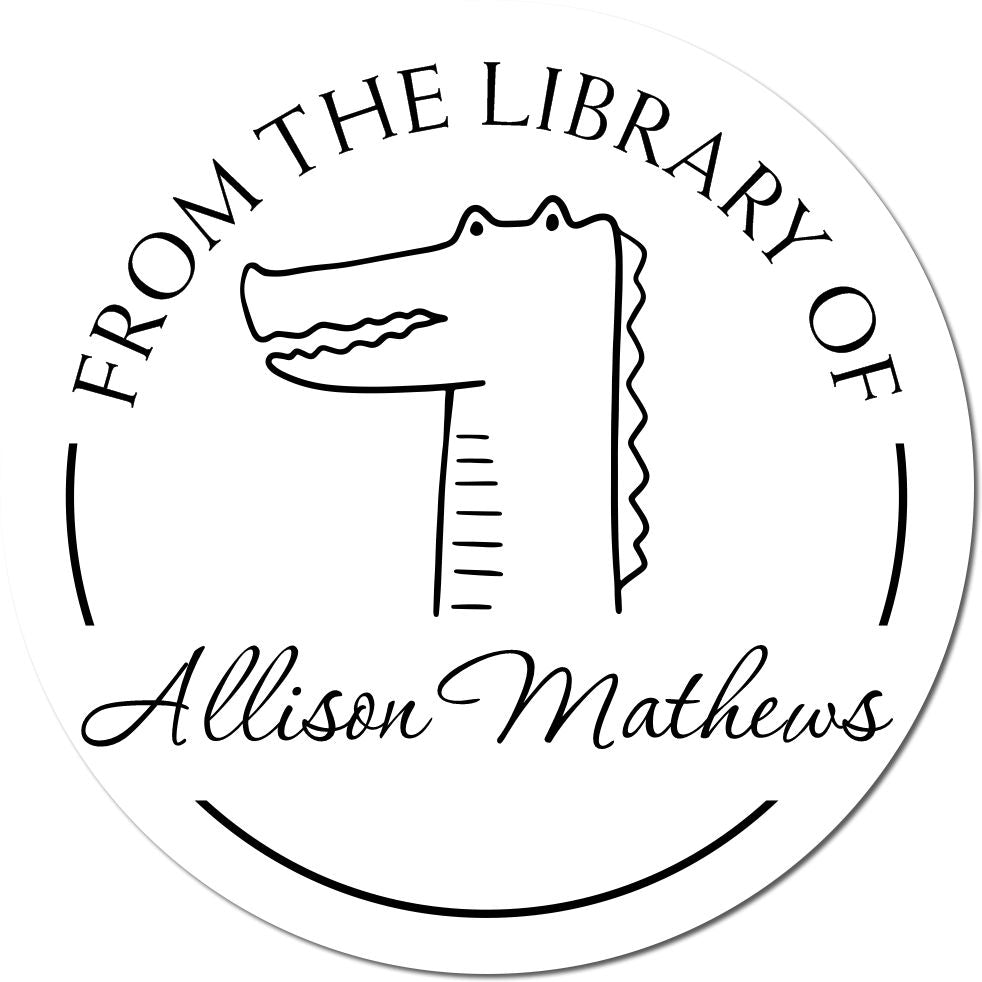 NoodleNose Cartoon Animal Self-Inking Personalizable Ex Libris Stamp featuring a crocodile illustration with the text "From the Library of Allison Mathews." Ideal as a Customizable Address Stamper for personalizing books or correspondence.