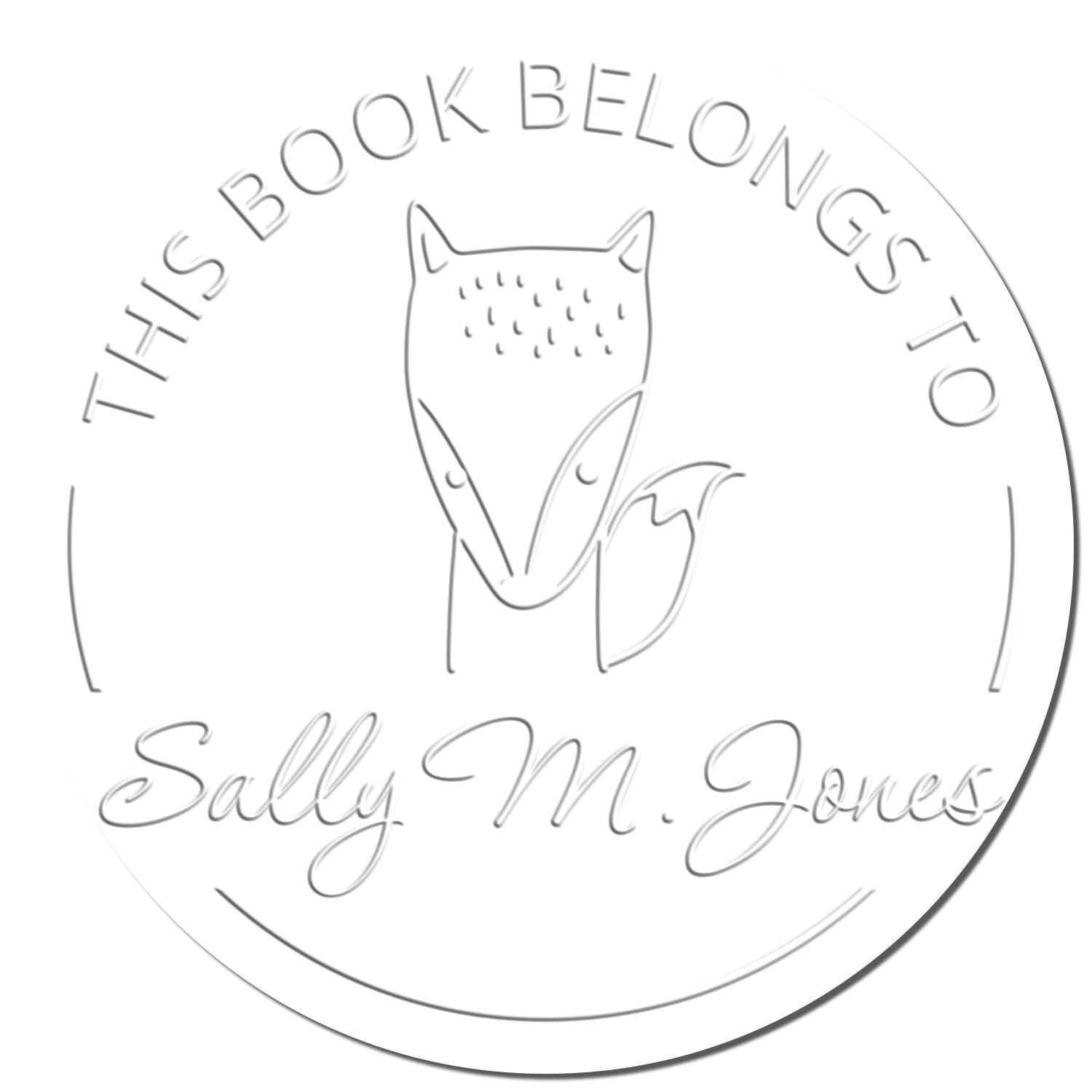 Soft BlinkBounce cartoon animal design on a custom-made book branding embosser. The embossed seal reads This Book Belongs To Sally M. Jones. Ideal for a customized mailing stamp.