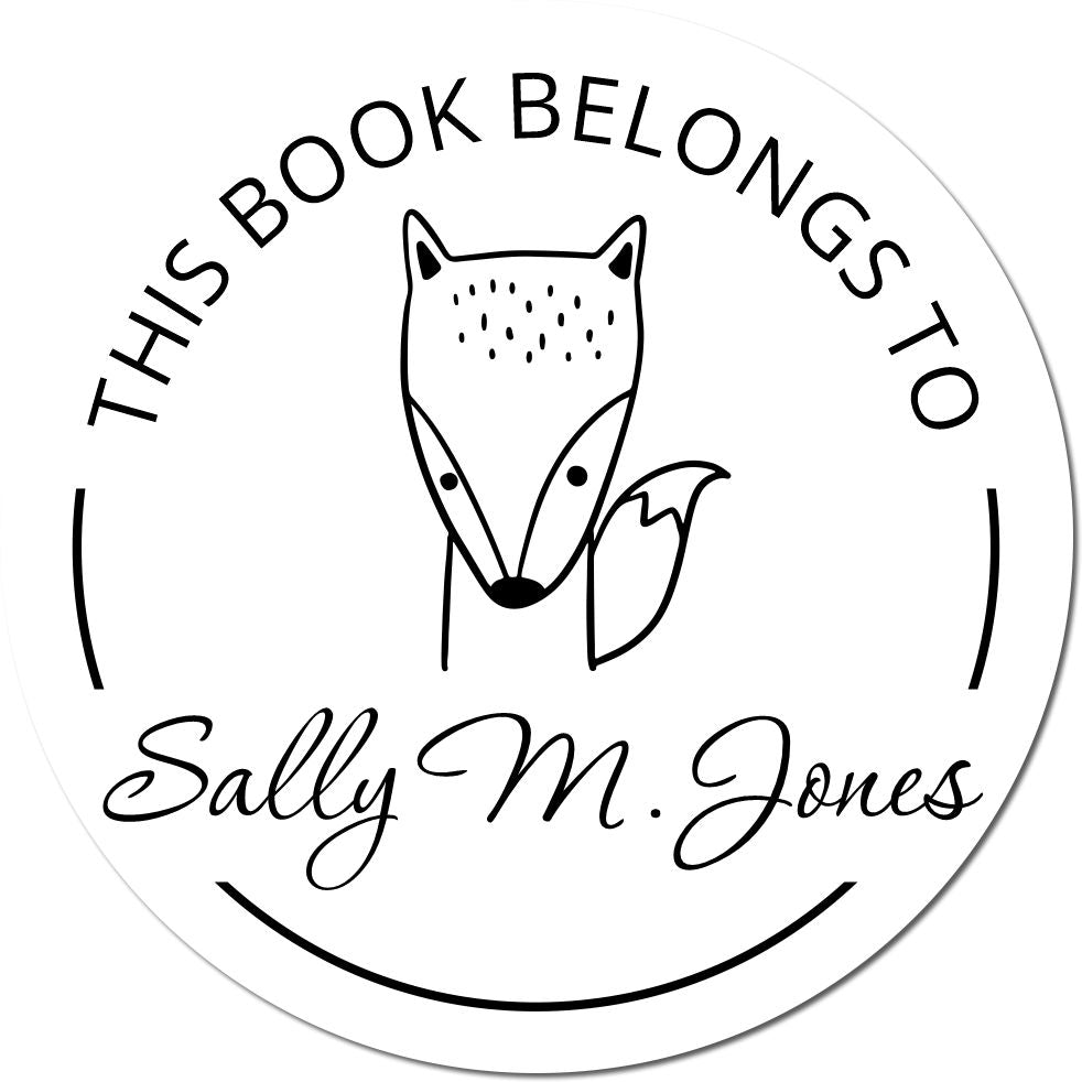 Slim Pre-Inked BlinkBounce cartoon animal custom library book with name stamp featuring a fox illustration and the text This Book Belongs To Sally M. Jones. Customizable mailing stamp design in black and white.