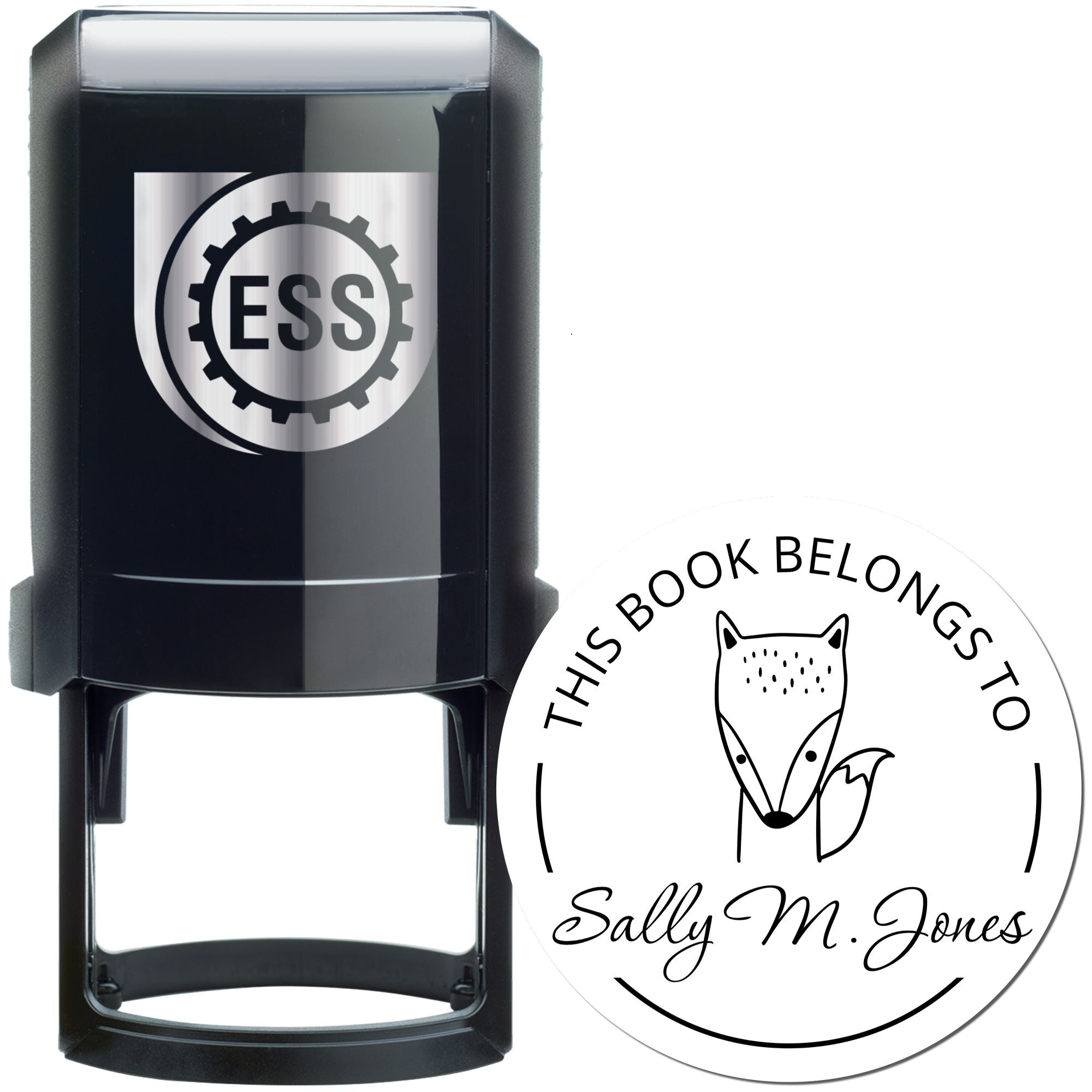 Black self-inking stamp with a gear logo labeled "ESS" next to a round bookplate featuring a cartoon animal design. Text reads "This Book Belongs To Sally M. Jones." Keywords: BlinkBounce Cartoon Animal Self-Inking Personalizable Ex Libris Bookplate Stamp, Customizable New Address Stamp.