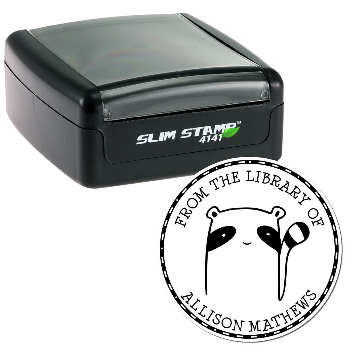 Slim Pre-Inked FreckleFlop Cartoon Animal Custom Stamp from the Private Collection of Stamp, featuring a cute panda design. Includes a customized return mail stamper with "From the Library of Allison Matthews" text.