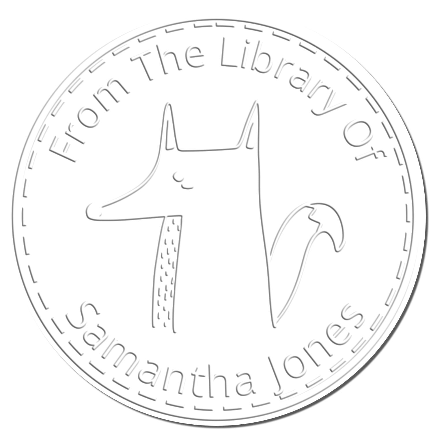 A Soft CuddleCub cartoon animal is featured on a custom-made book branding embossing seal. The design includes the text "From The Library Of Samantha Jones." Ideal for a personalized new address stamper.