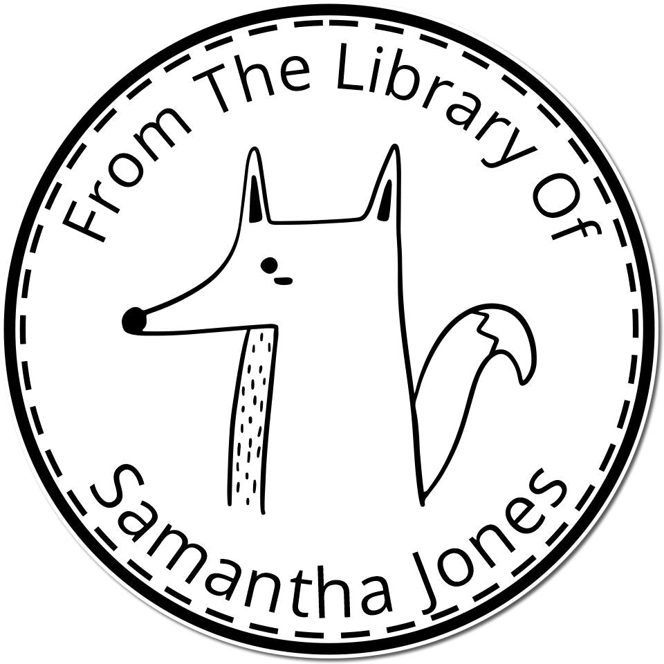 Slim Pre-Inked CuddleCub Cartoon Animal Custom Book Ownership Stamp featuring a cute fox illustration with the text "From The Library Of Samantha Jones." Ideal as a personalized address stamp for book lovers.