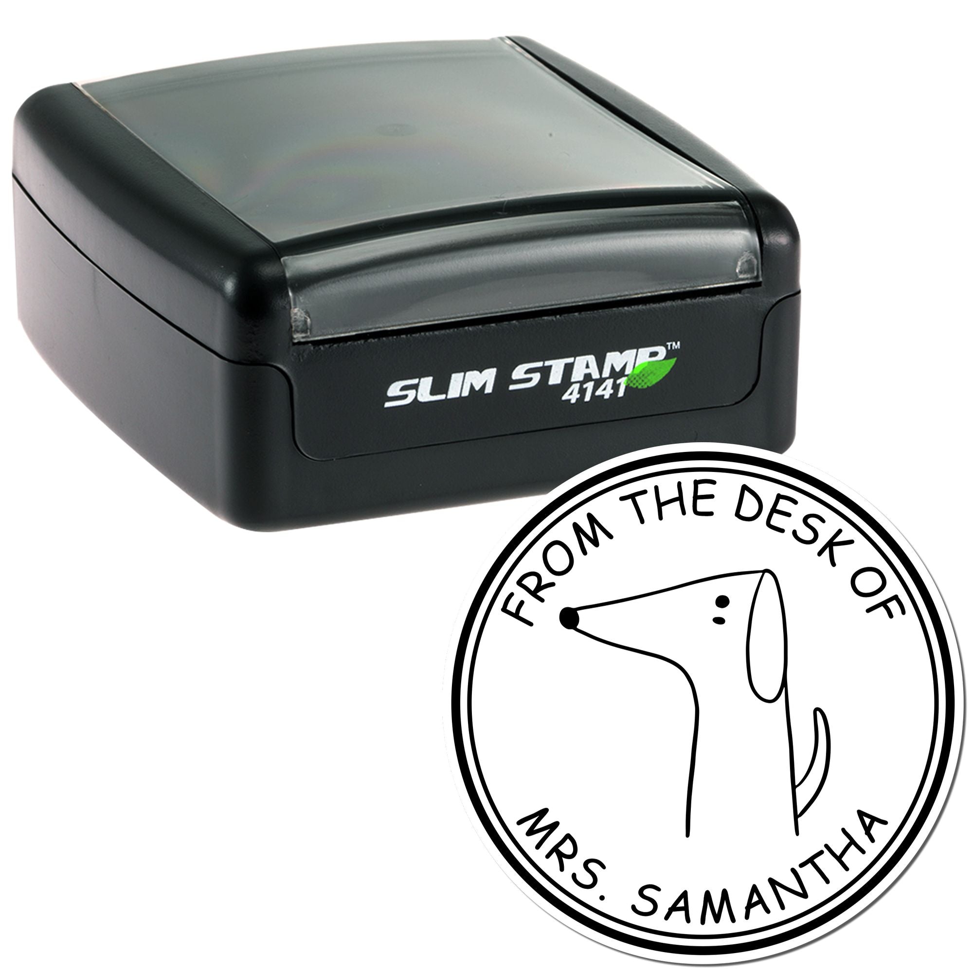Slim Pre-Inked WiggleWag Cartoon Animal Custom From The Home Library Of Stamp featuring a customizable return mail stamper with a cartoon dog design and personalized text. The black slim stamp is compact and efficient for personal or office use.
