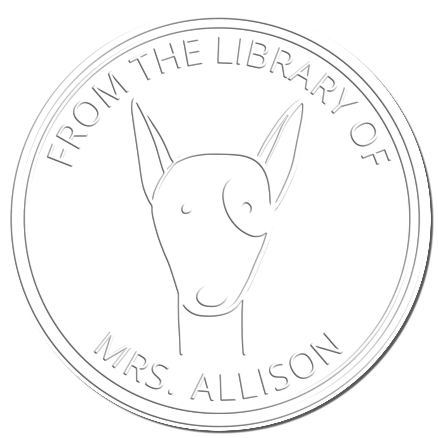 Embossing seal featuring a RuffleRump cartoon animal design, perfect for a personalized book lover gift. The handheld seal reads "From the Library of Mrs. Allison" and can be used as an address stamp.