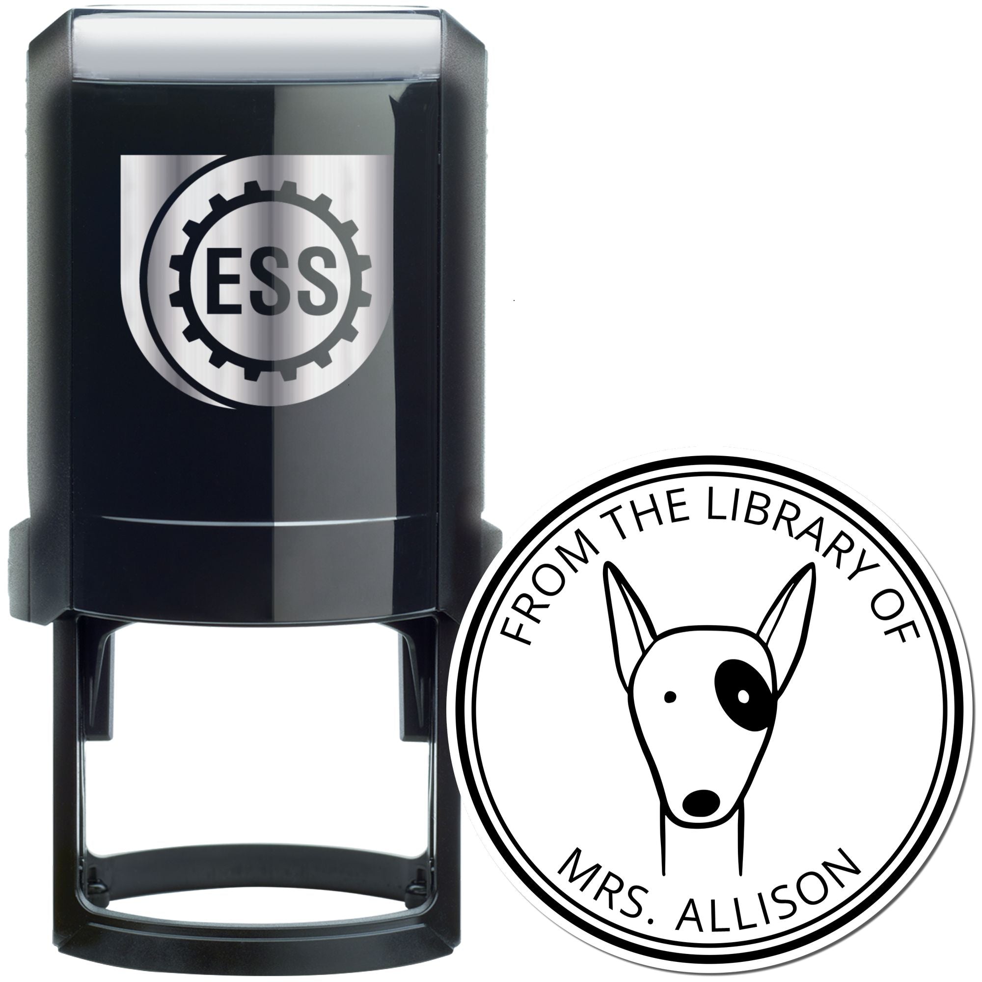 Image of a black self-inking stamp featuring a RuffleRump cartoon animal design with the text "From The Library Of Mrs. Allison." The stamp is personalizable and can be used as a personalized new address stamper.