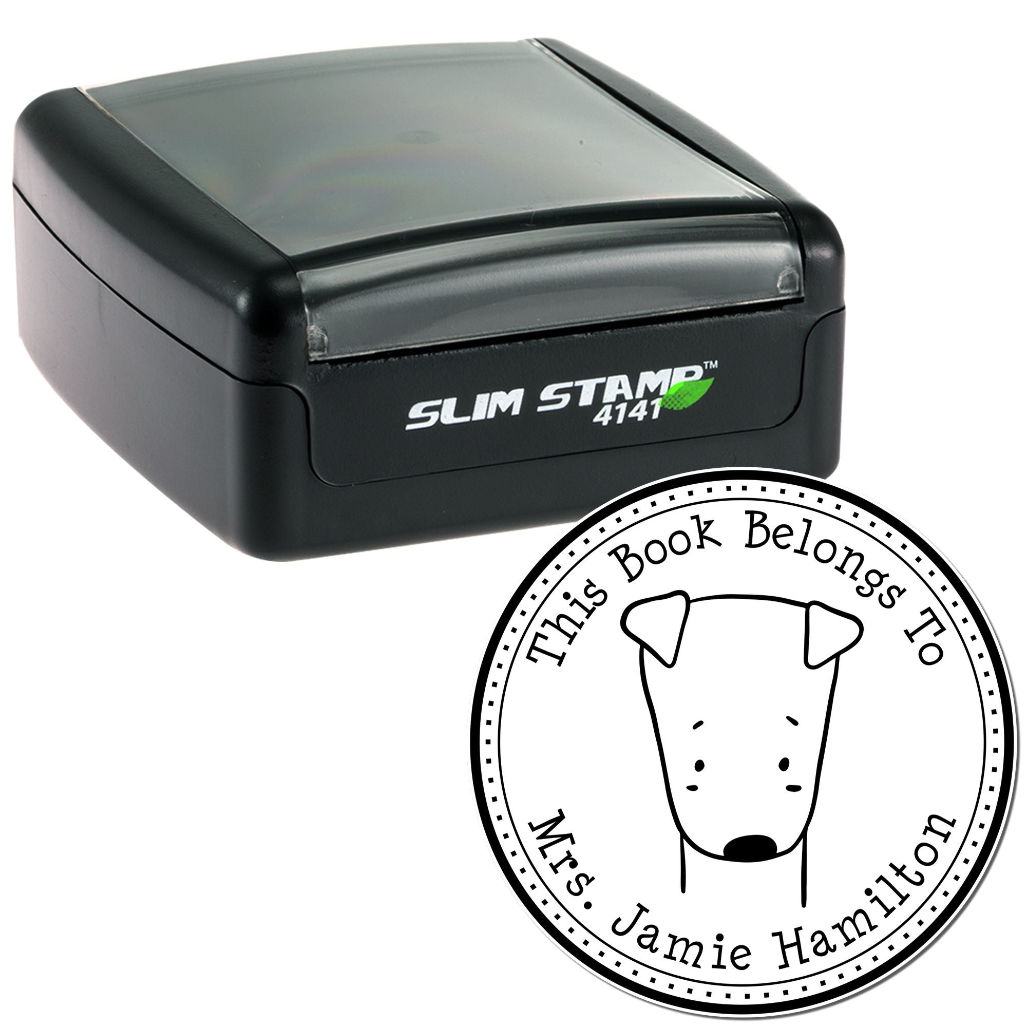 Image of a Slim Pre-Inked SizzleSniff Cartoon Animal Custom Ex Libris Stamp featuring a dog illustration and the text "This Book Belongs To Mrs. Jamie Hamilton." Next to it is a Personalized New Address Stamper with a sleek black design.