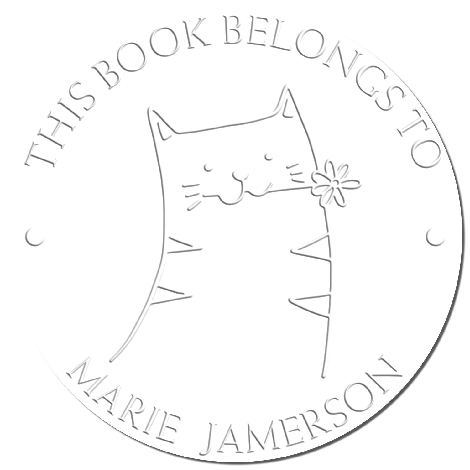 Soft HuddleHopper cartoon animal design on a custom-made book personalization embosser. The circular imprint features a smiling cat holding a flower, with text 'This Book Belongs To Marie Jamerson'. Ideal for a custom return mail stamper.