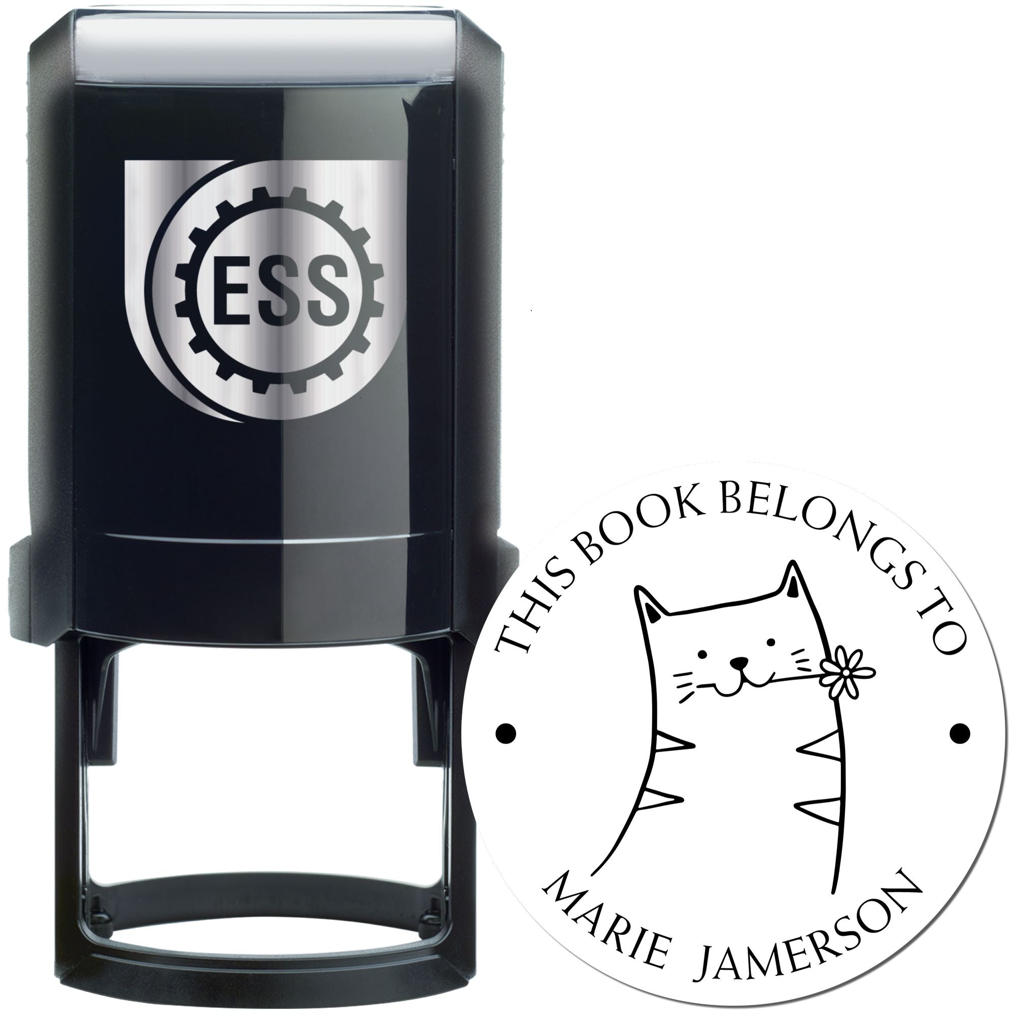 Black self-inking stamp with "ESS" logo, featuring a HuddleHopper cartoon animal design. The stamp is personalizable, ideal for a bookplate with "This Book Belongs To" text, and can be used as a personalizable home stamp.