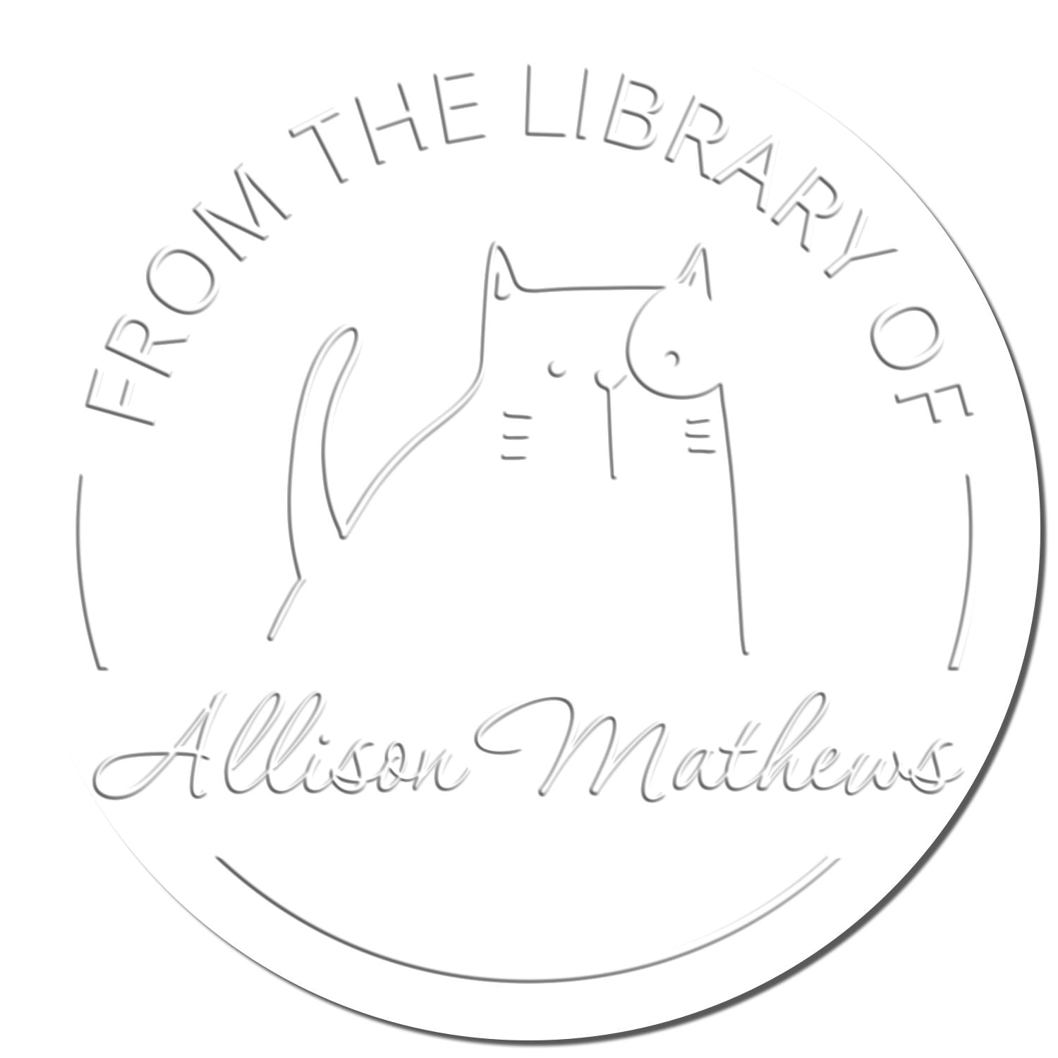 GobbleGiggle Cartoon Animal Desk Personalizable Bookplate Embosser featuring a custom-made new address stamper design. The embossed seal shows a cute cartoon cat with the text 'From the Library of Allison Mathews' in elegant script.
