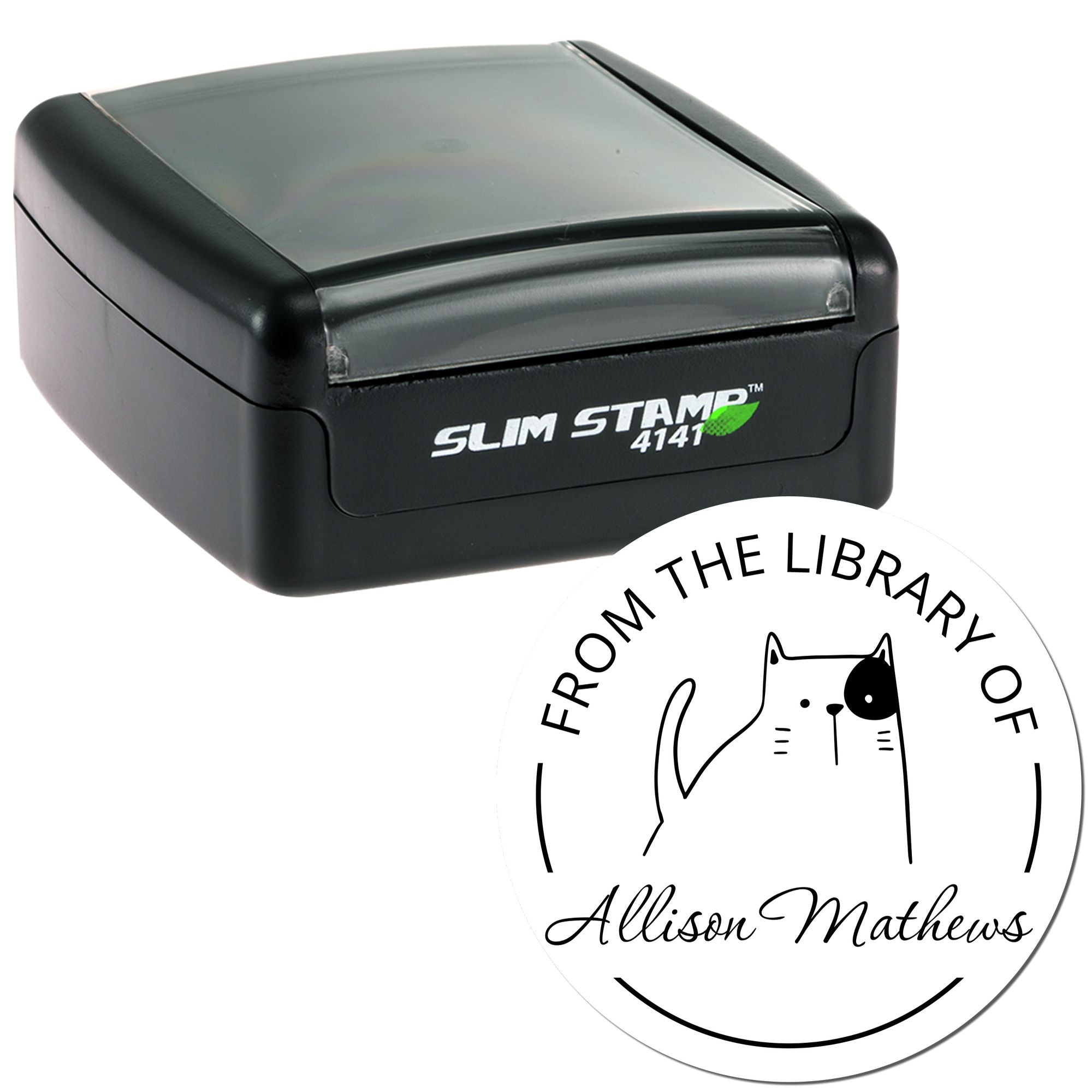 Slim Pre-Inked GobbleGiggle Cartoon Animal Custom Library Bookplate Stamp featuring a cat design with "From the Library of Allison Mathews" text. Includes a Personalized New Address Stamper in a compact black casing.