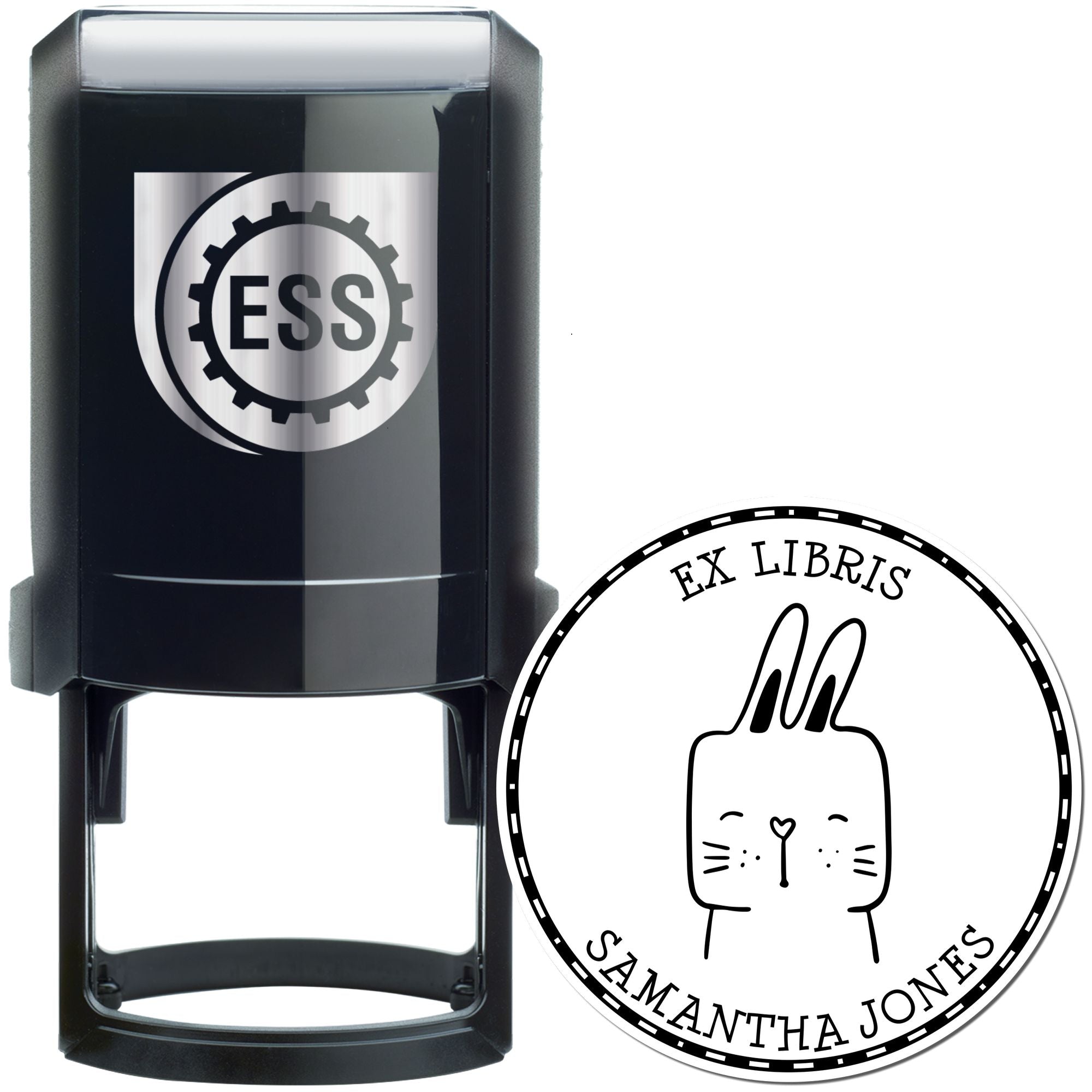 Image of a black self-inking stamp featuring a SquirmSquiggle cartoon animal design. The stamp is personalizable with "From The Desk Of" text. Keywords: SquirmSquiggle Cartoon Animal Self-Inking Personalizable From The Desk Of Stamp, Custom Stamp.