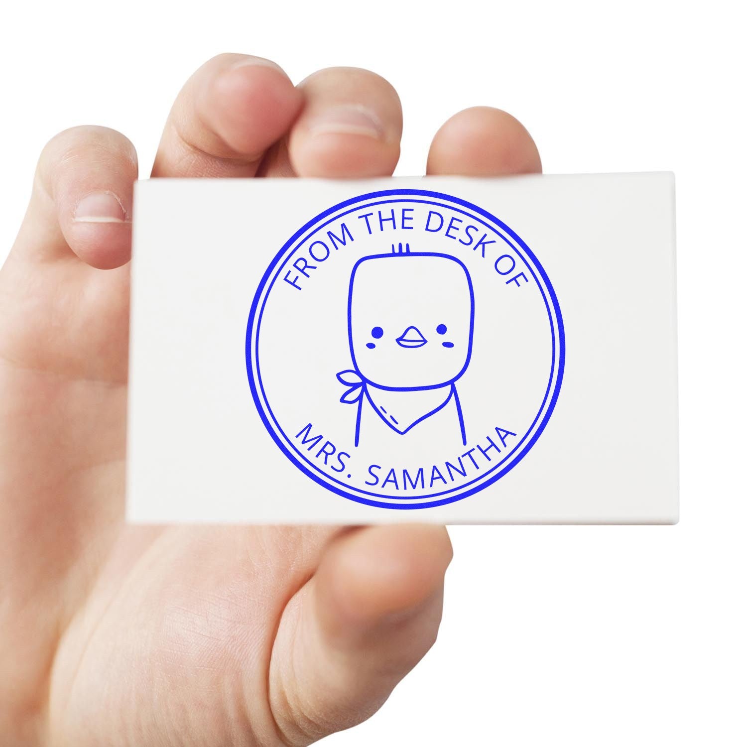 Slim Pre-Inked PuddlePaddle Cartoon Animal Custom Ex Libris Book Stamp held in hand, featuring a cute animal design with "From the Desk of Mrs. Samantha" text. Ideal as a Custom-Made Home Stamp for personalizing books or stationery.
