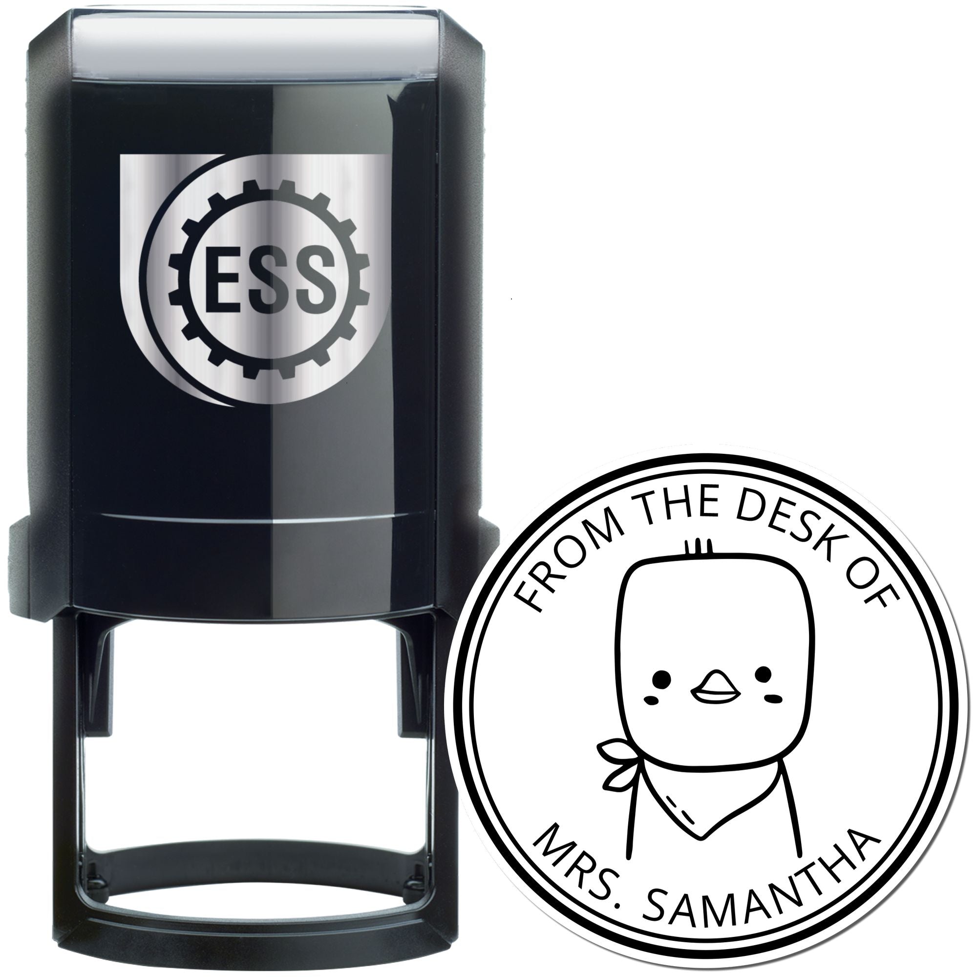 Image of a black self-inking stamp featuring a cartoon animal design labeled "PuddlePaddle." The stamp is personalizable, suitable for library book stamping, and can be custom-made for a new address. The stamp shows "From the Desk of Mrs. Samantha."