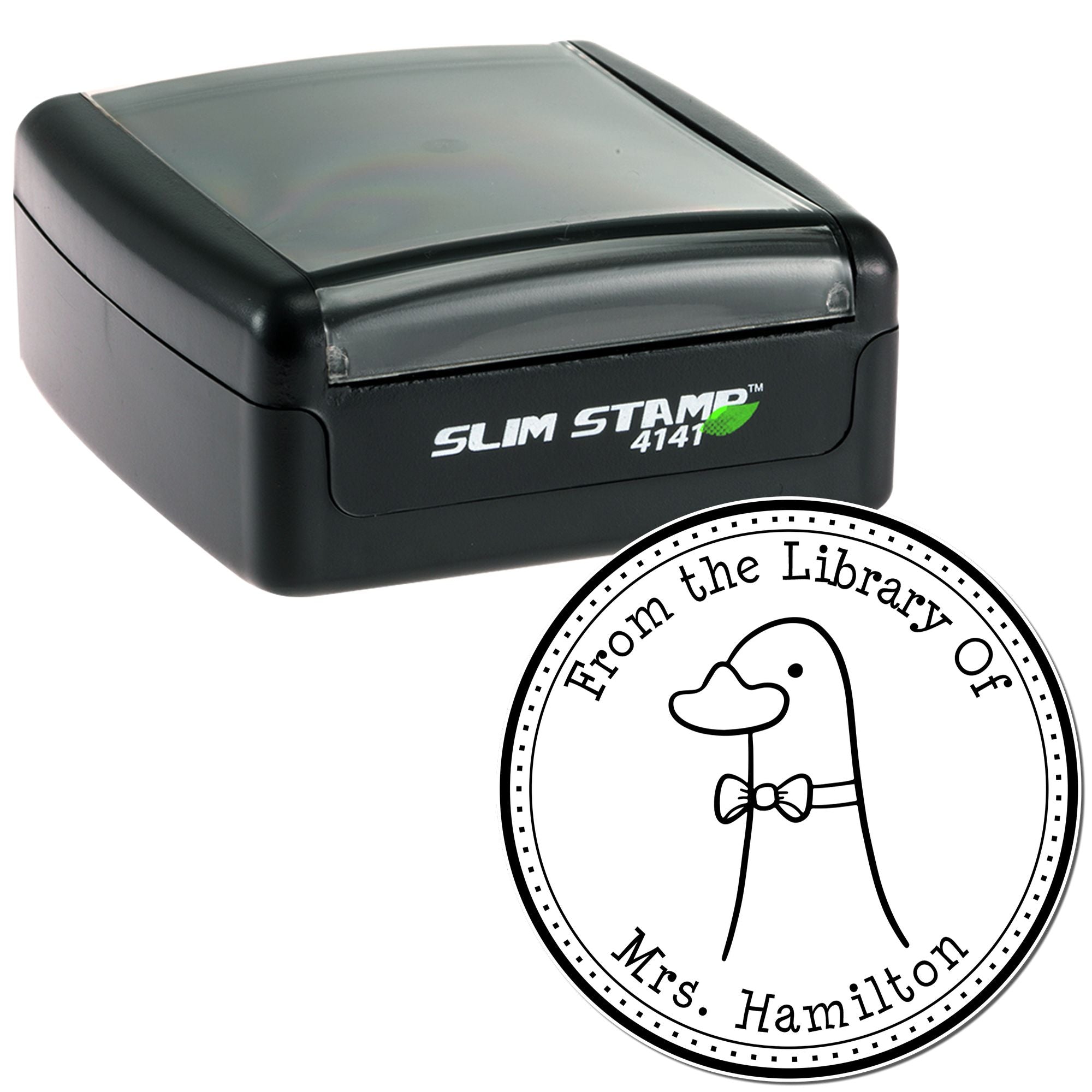 Image of a Slim Pre-Inked DoodleDuck Cartoon Animal Custom Library Collection Stamp. The stamp features a personalized home stamper design with a doodle of a duck wearing a bow tie, encircled by the text "From the Library Of Mrs. Hamilton."