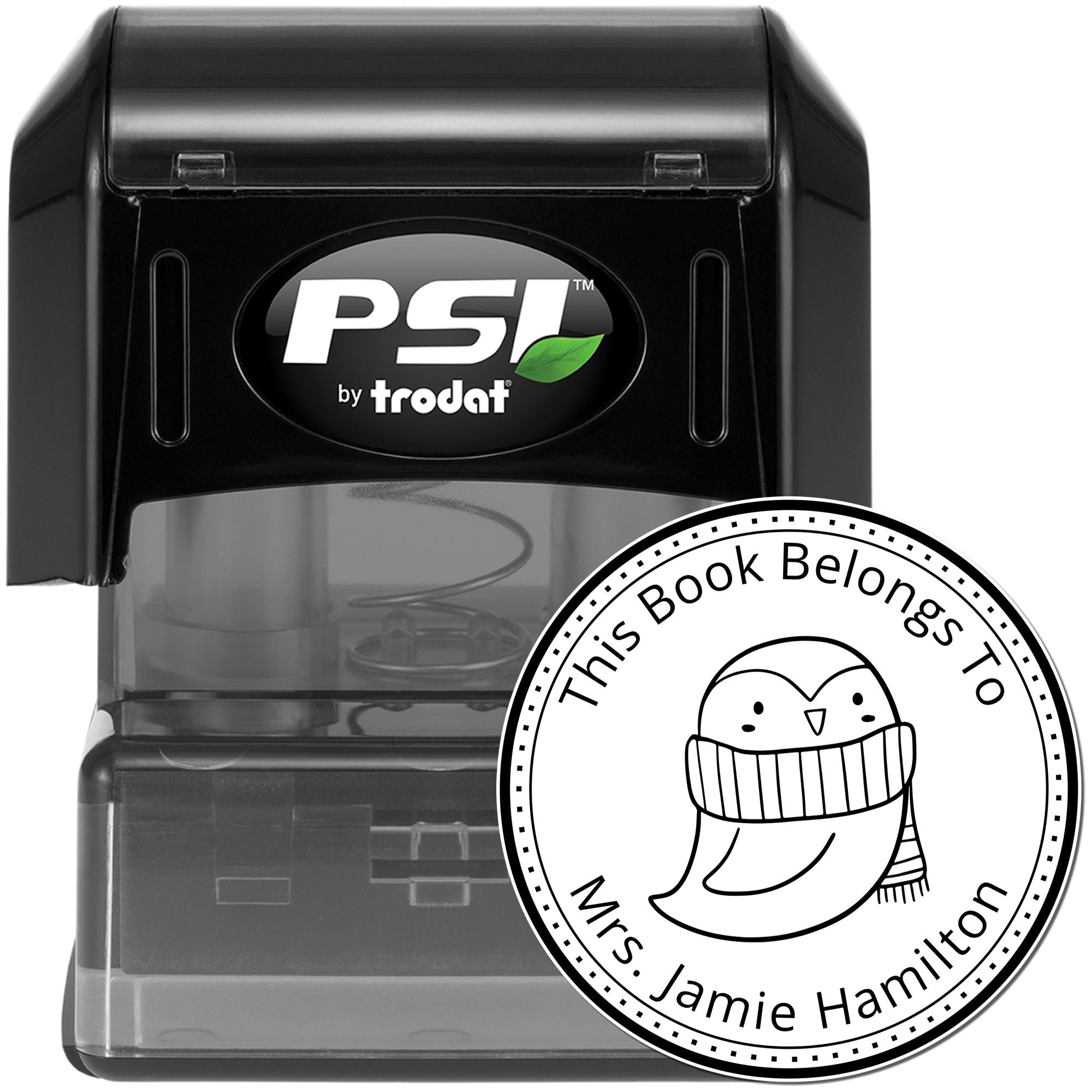 QuirkyQuack Cartoon Animal Pre-Inked Ex Libris Art Stamp featuring a cute bird with a scarf, labeled "This Book Belongs To Mrs. Jamie Hamilton." Includes a Personalized Address Stamper with a black casing and PSI by Trodat branding.