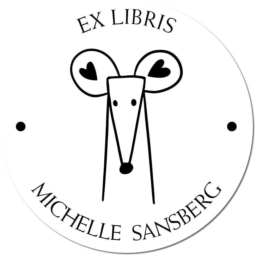DazzleDash Cartoon Animal Pre-Inked Ex Libris Library Stamp featuring a stylized mouse with heart-shaped ears. Custom New Address Stamp design with the name "Michelle Sansberg" in a circular layout.