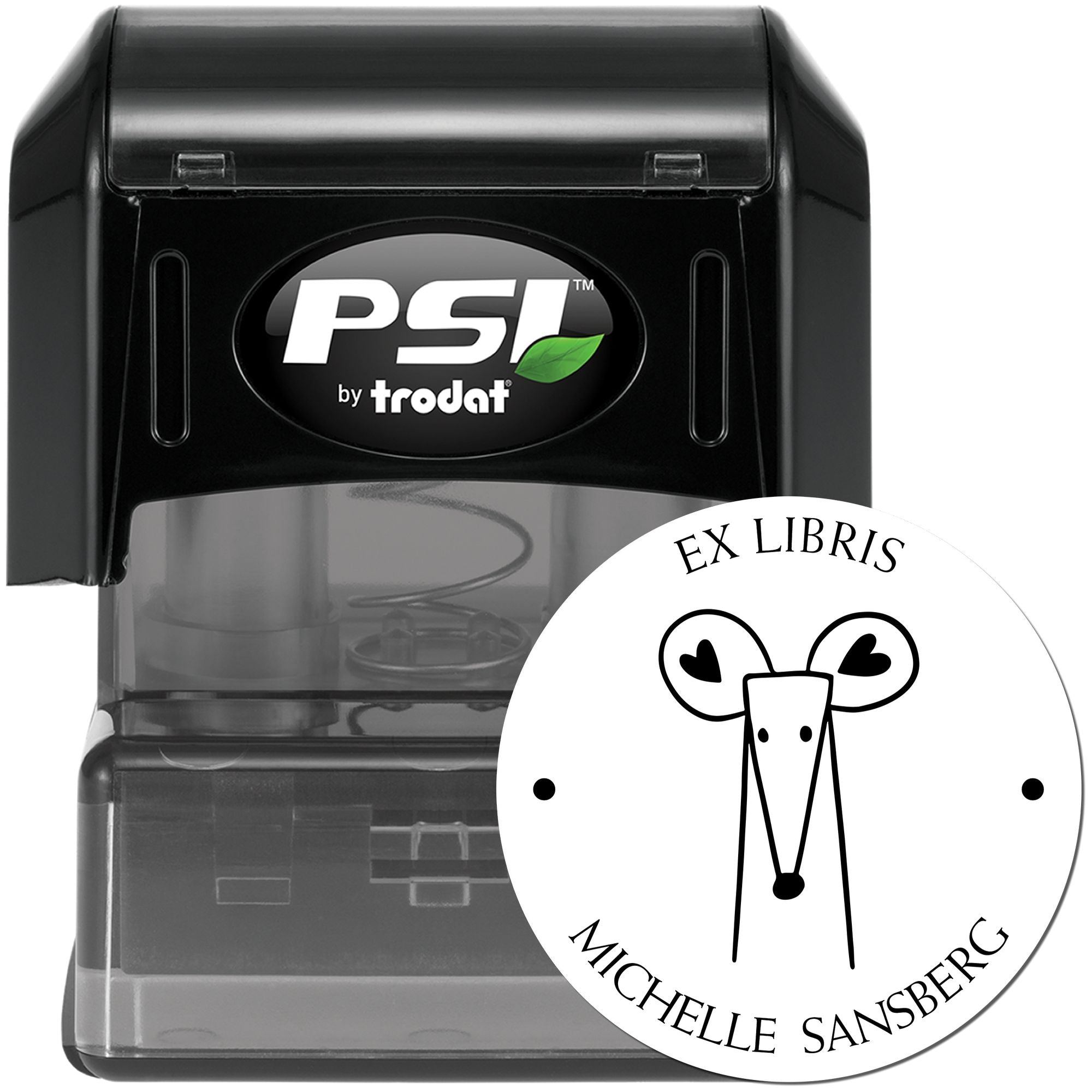 DazzleDash Cartoon Animal Pre-Inked Ex Libris Library Stamp featuring a whimsical animal design with personalized text "Michelle Sansberg." Includes a Personalized Mailing Stamper with a black casing, ideal for adding a unique touch to books and mail.