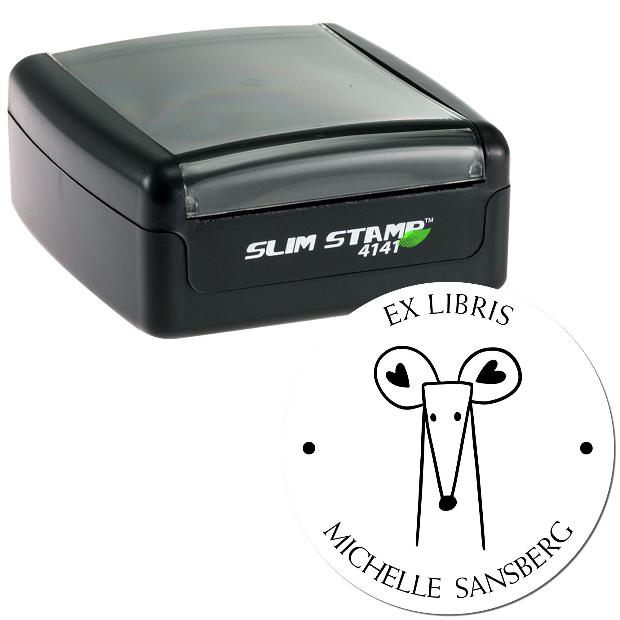 Slim Pre-Inked DazzleDash Cartoon Animal Custom From The Office Of Stamp shown with a customizable home stamper design featuring a cartoon animal with heart-shaped eyes and personalized text.