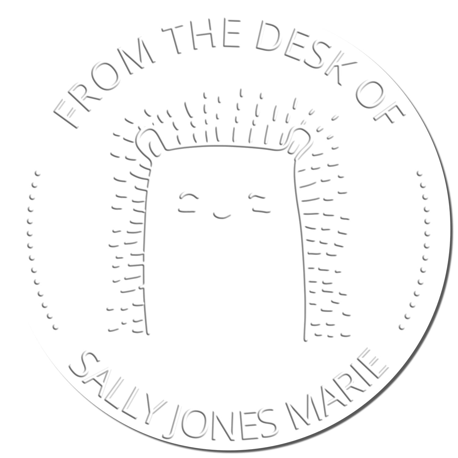 Embossing seal with a FizzleFluff cartoon animal design, featuring the text "From the Desk of Sally Jones Marie." Ideal for a personalized library book "Belongs To" mark or a customizable address stamp.