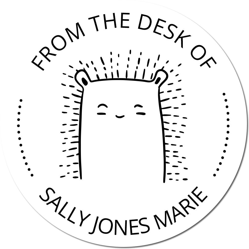 FizzleFluff cartoon animal pre-inked book stamp featuring a cute, smiling creature with text "From the Desk of Sally Jones Marie." This custom address stamp is circular with playful dotted lines radiating from the character, adding a whimsical touch.