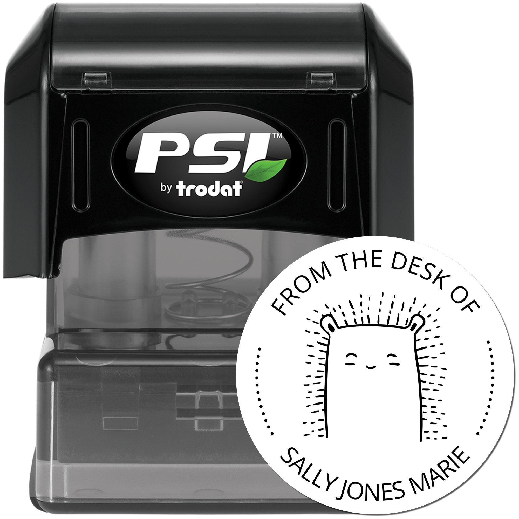 A black PSI by Trodat stamper featuring a FizzleFluff cartoon animal design. The pre-inked book stamp is personalized with "From the Desk of Sally Jones Marie." Ideal as a personalized return mail stamper.