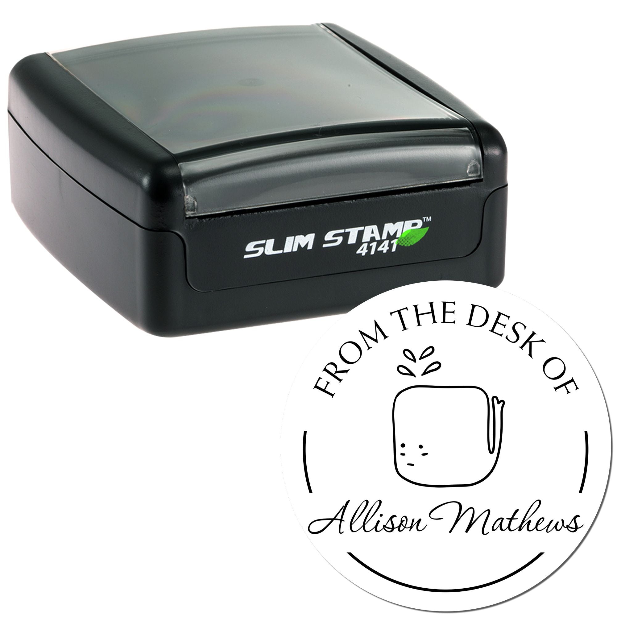 Slim Pre-Inked WhiffleWhirl Cartoon Animal Custom Book Lover Gift Stamp and Custom Address Stamper. Black casing with a round stamp design featuring a cute cartoon animal and personalized text "From the Desk of Allison Mathews."