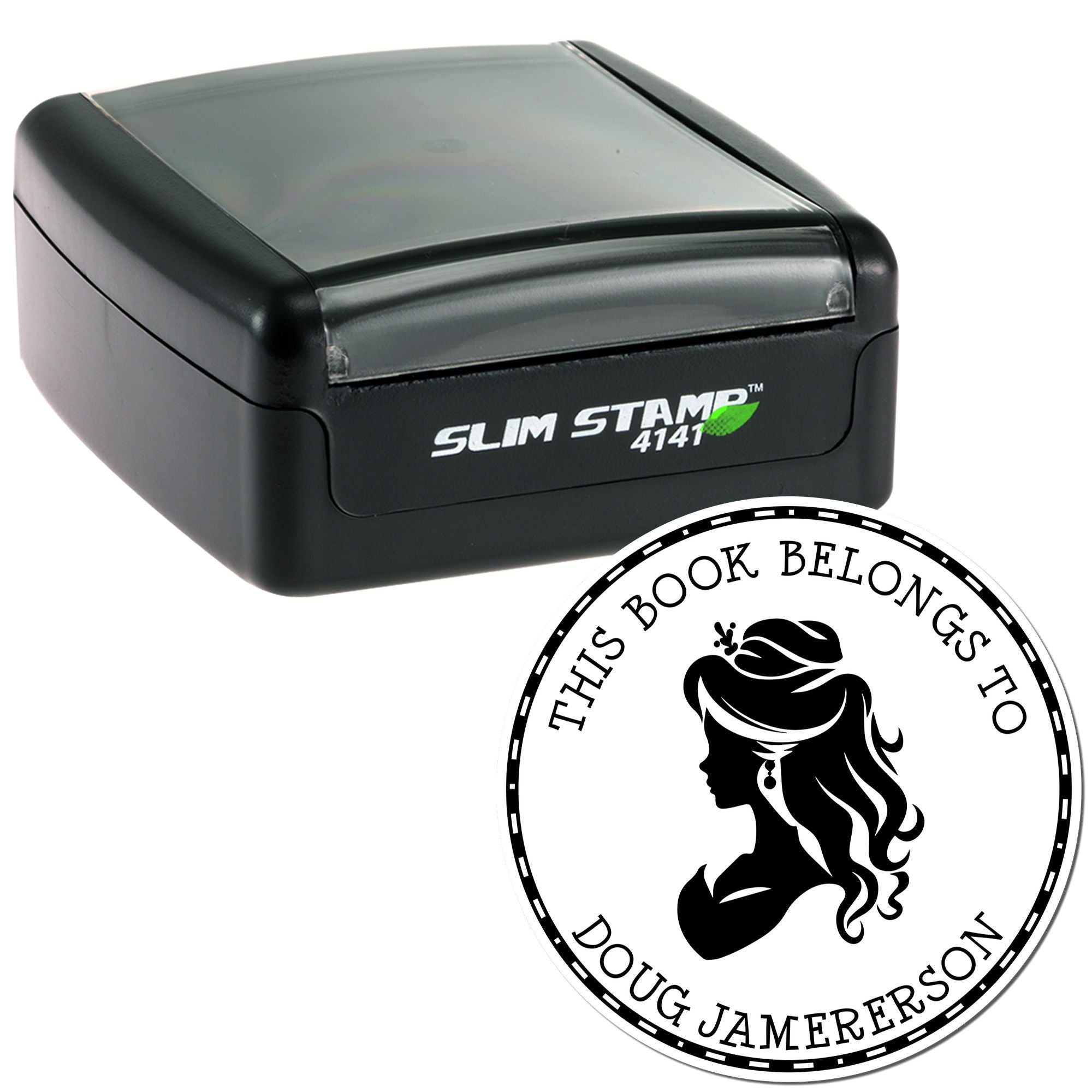 Black Slim Stamp self-inking stamp with circular black-and-white custom book seal for Doug Jamerson
