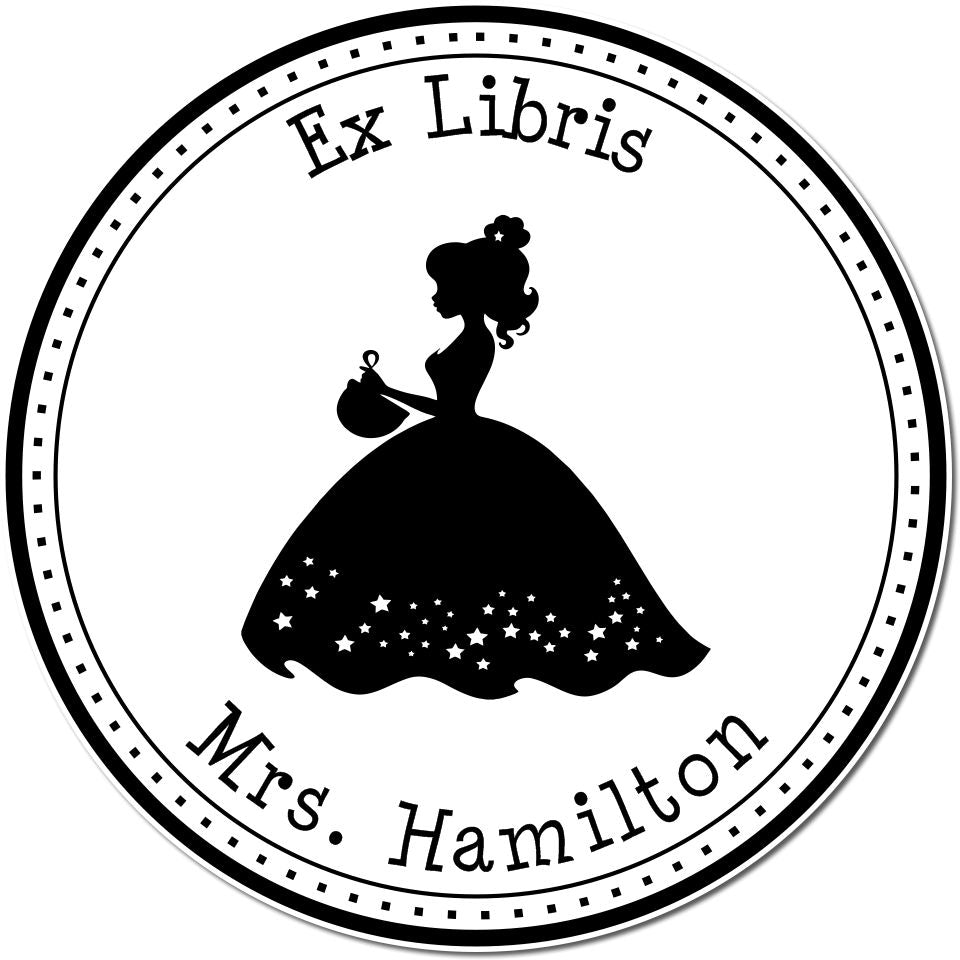 Black-and-white round Ex Libris stamp seal with a silhouetted woman in a gown, stars, and Mrs. Hamilton text.