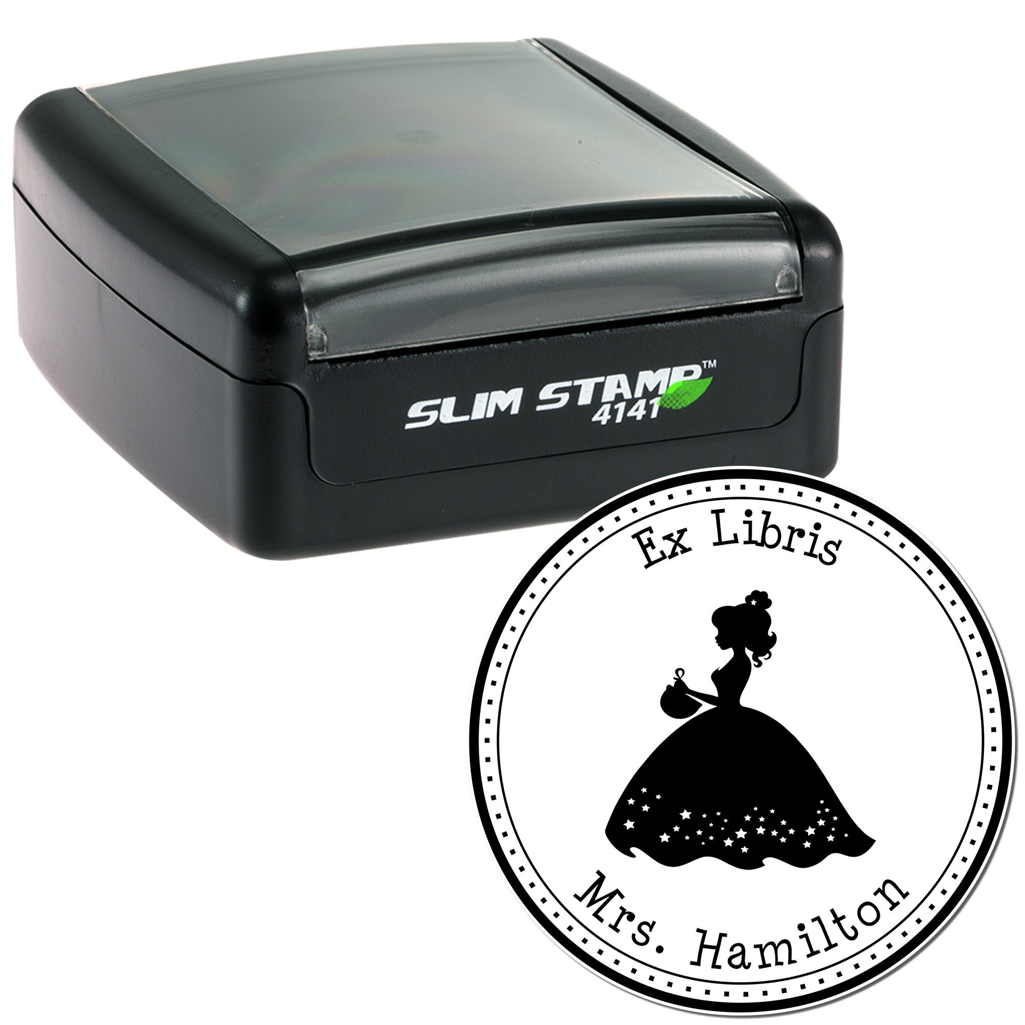 Black self-inking Slim Stamp 4141 in black and gray with a round custom seal reading Ex Libris Mrs. Hamilton