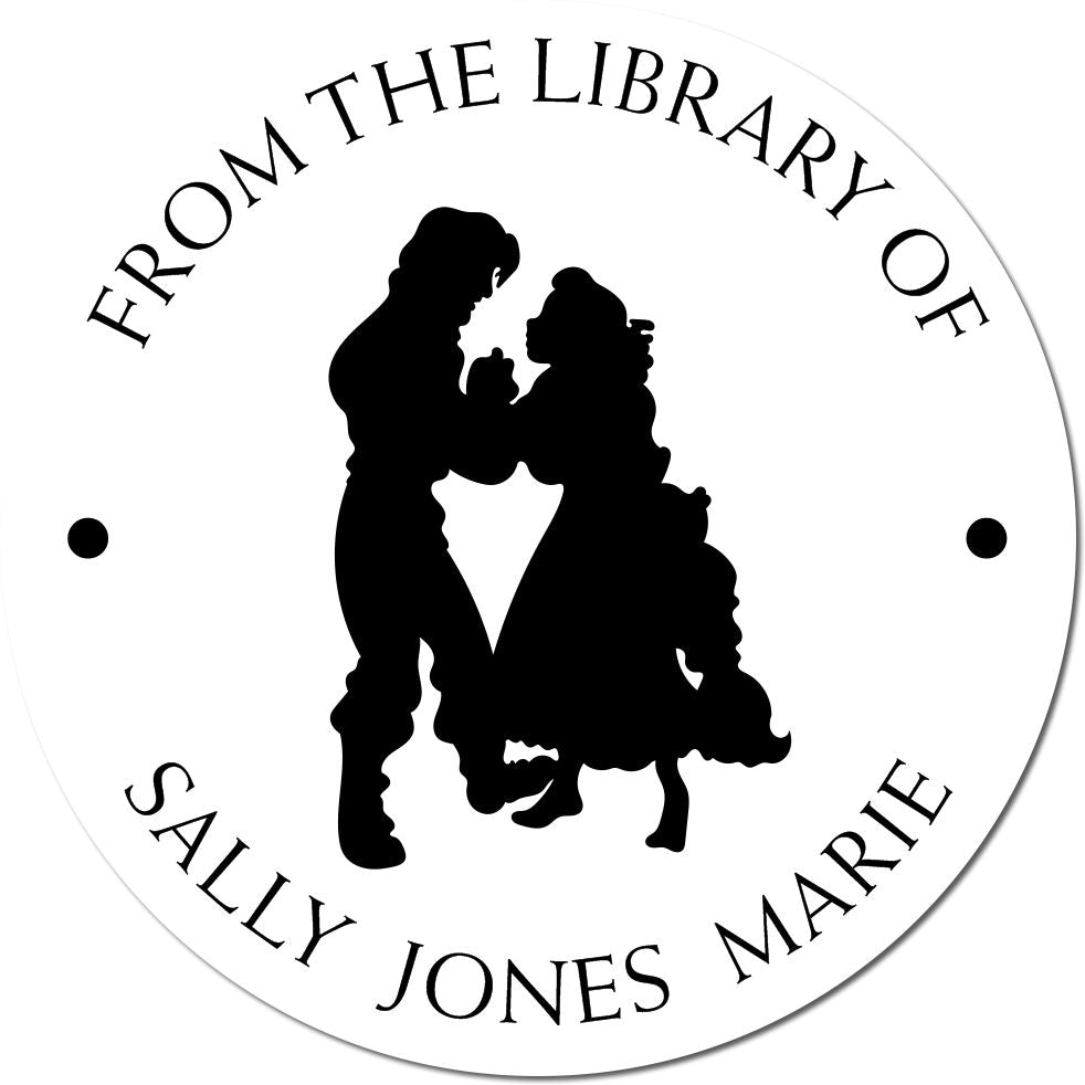 Black-and-white custom library stamp seal with silhouetted couple and circular text: From the Library of Sally Jones Marie.