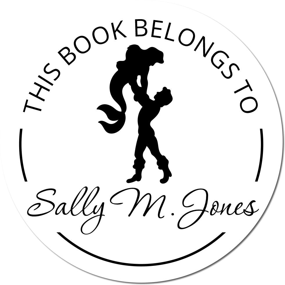 Round black-and-white book stamp seal with mermaid silhouette, This Book Belongs To, and Sally M. Jones.