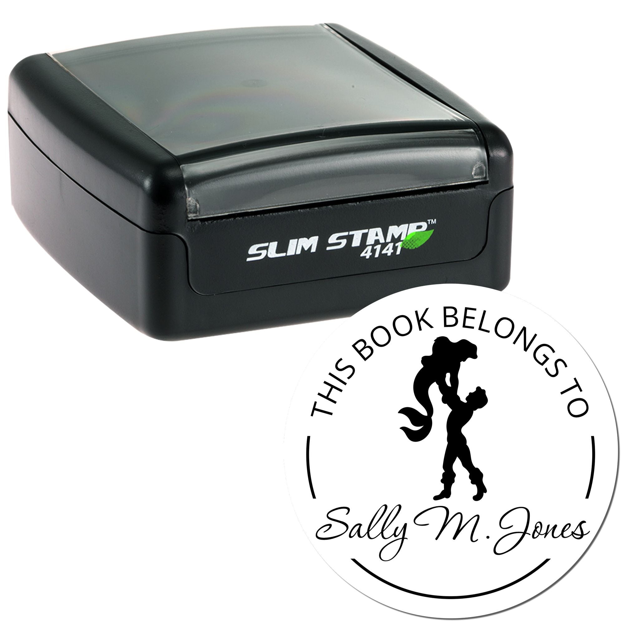 Black Slim Stamp 4141 with gray top and round white book seal reading This Book Belongs to Sally M. Jones with mermaid silhouette.