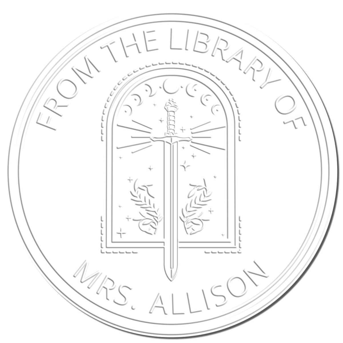 Light gray embossed circular library stamp seal with sword over open book, laurel accents, and From the Library of Mrs. Allison.