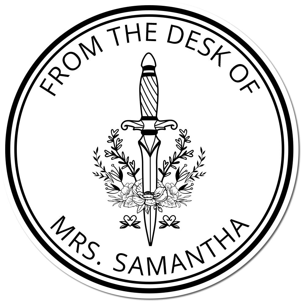 Black-and-white circular stamp seal with dagger and floral wreath, reading From the Desk of Mrs. Samantha.