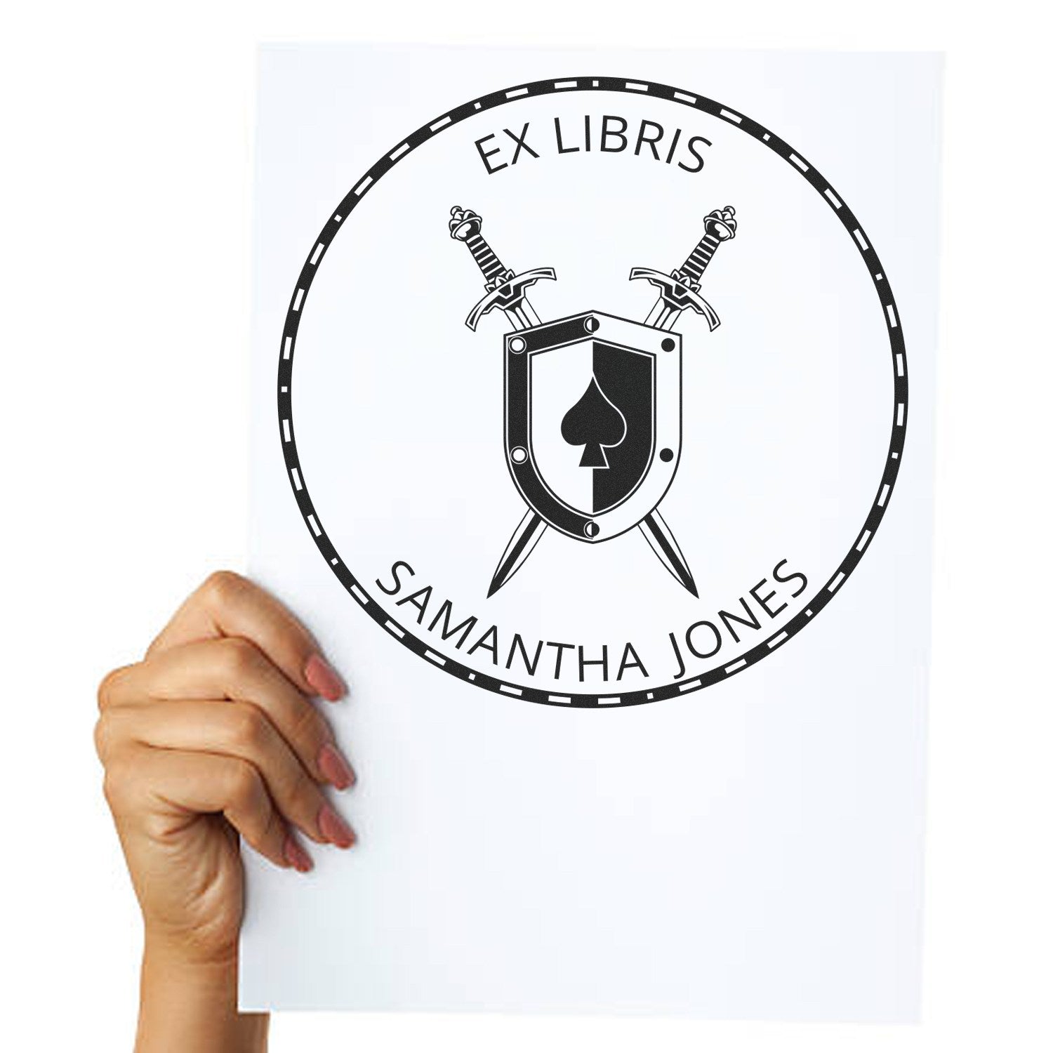 Black-and-white Ex Libris stamp seal with shield, crossed swords, spade emblem, and Samantha Jones on white paper.