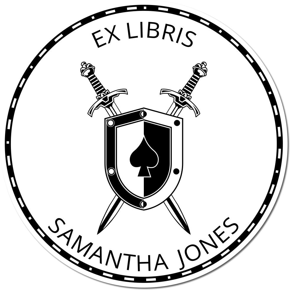 Black-and-white ex libris stamp seal with shield and crossed swords, labeled Samantha Jones.