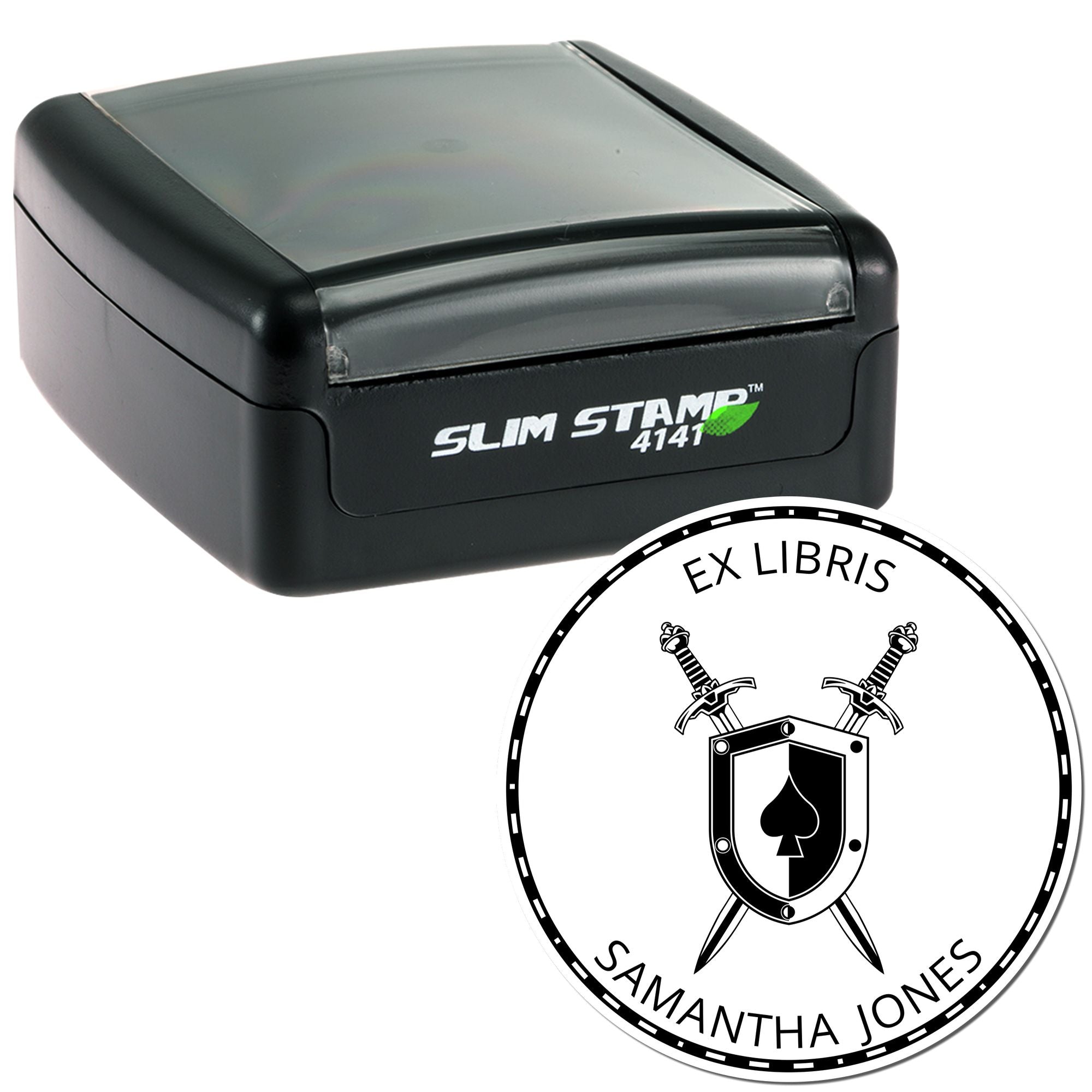 Black Slim Stamp 4141 self-inking stamp with circular Ex Libris seal, shield and crossed swords in black and white.