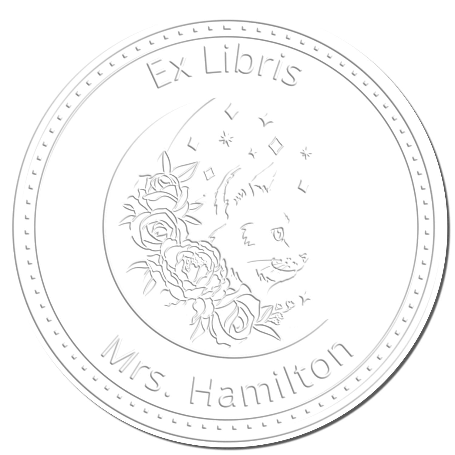 Silver round embosser seal with Ex Libris Mrs. Hamilton text, floral cat outline, and decorative border.